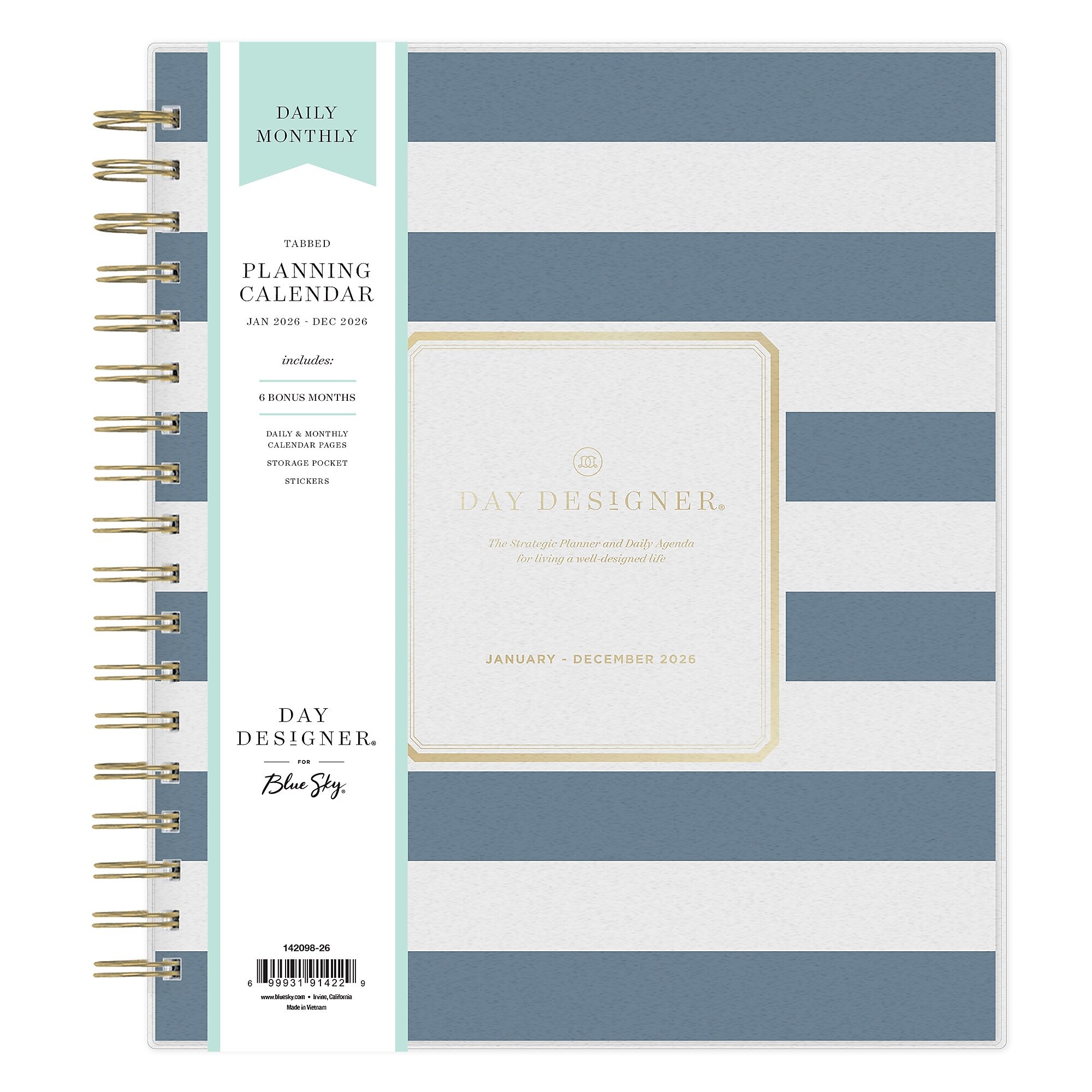Planning Calendar DD Rugby Stripe Navy Frosted PP 8x10 RY26 Daily/Mthly Safety Wirebound -