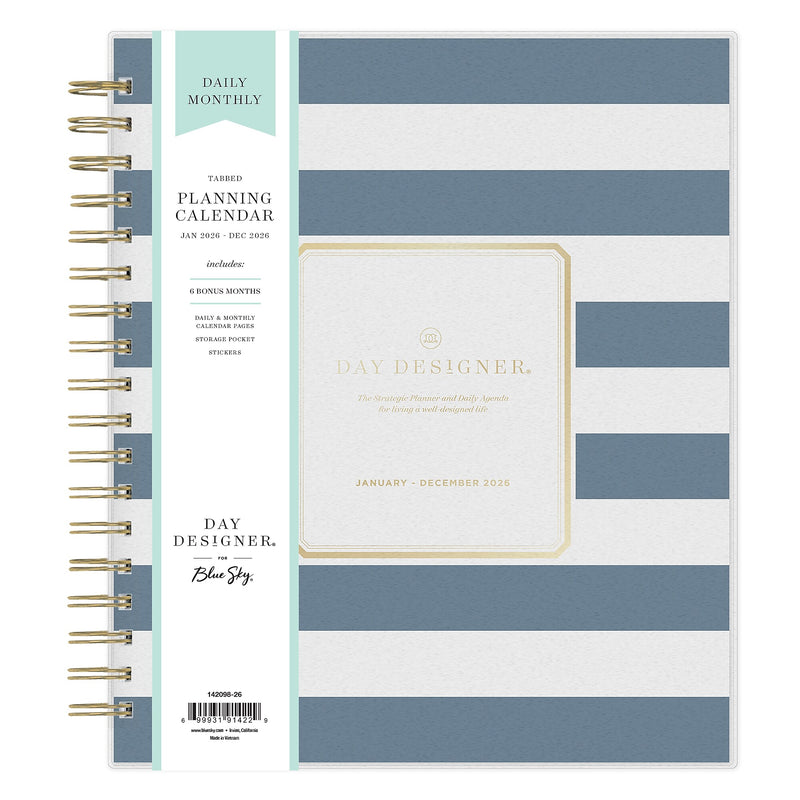 Planning Calendar DD Rugby Stripe Navy Frosted PP 8x10 RY26 Daily/Mthly Safety Wirebound -