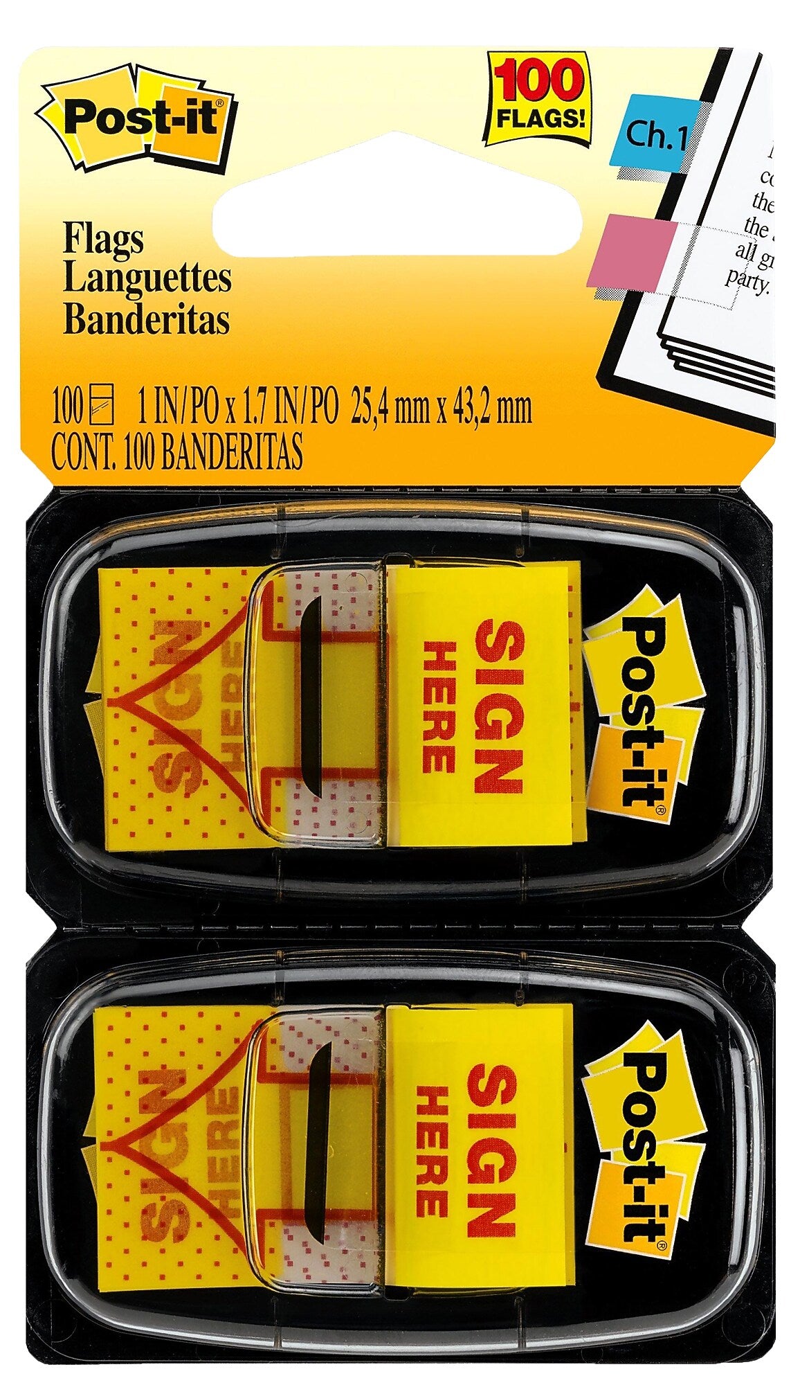 Post-it 'Sign Here' Message Flags, 1" Wide, Yellow, 100 Flags/Pack (680-SH2)