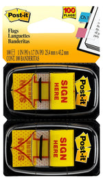 Post-it 'Sign Here' Message Flags, 1" Wide, Yellow, 100 Flags/Pack (680-SH2)