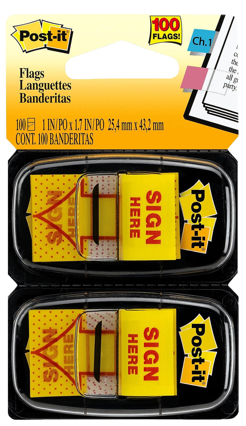Post-it 'Sign Here' Message Flags, 1" Wide, Yellow, 100 Flags/Pack (680-SH2)