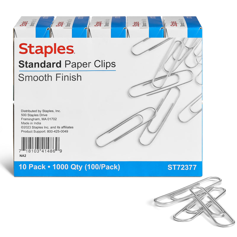Staples Smooth Paper Clips, Silver, 100 Clips/Pack, 10/Pack (A7026607/72377)