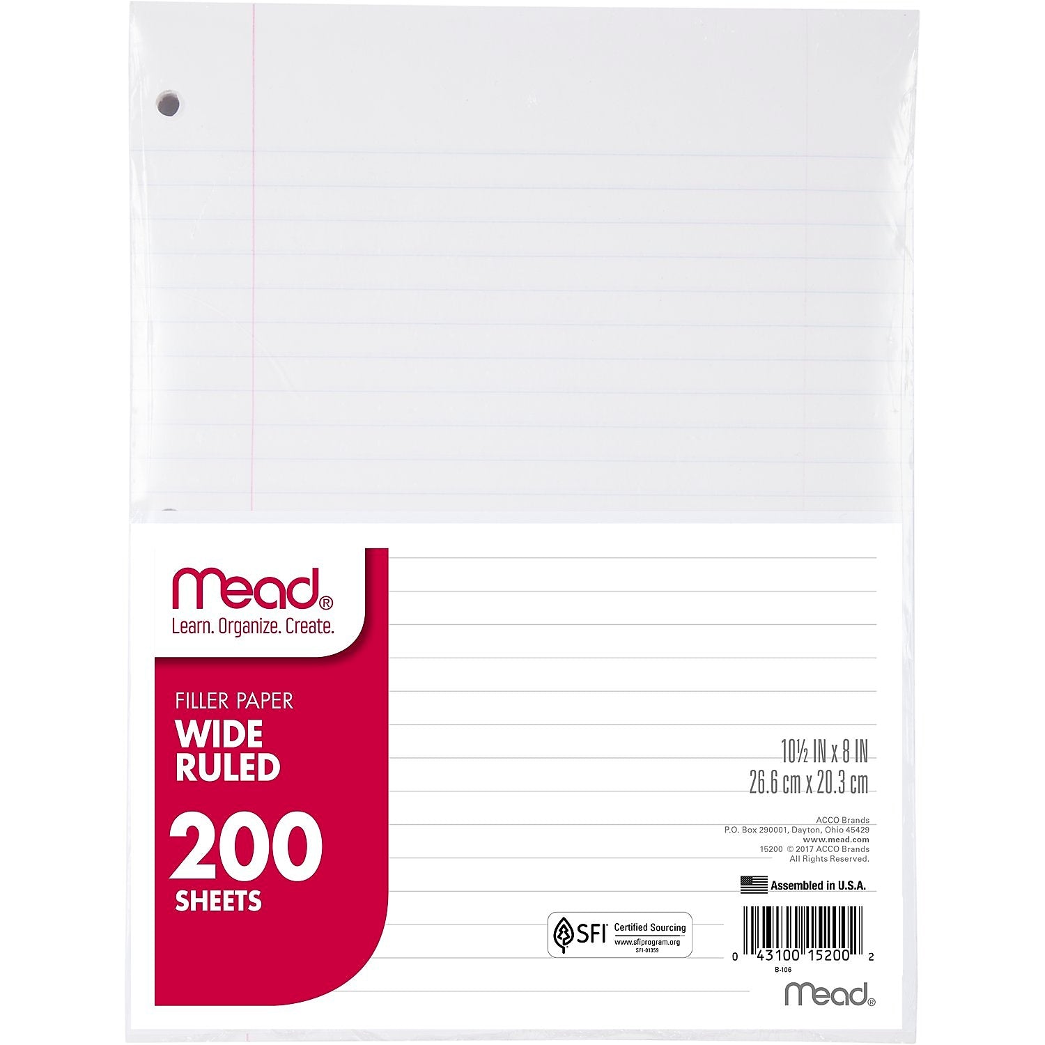 Mead Wide Ruled Filler Paper, 8" x 10.5", 3-Hole Punched, 200 Sheets/Pack (15200)