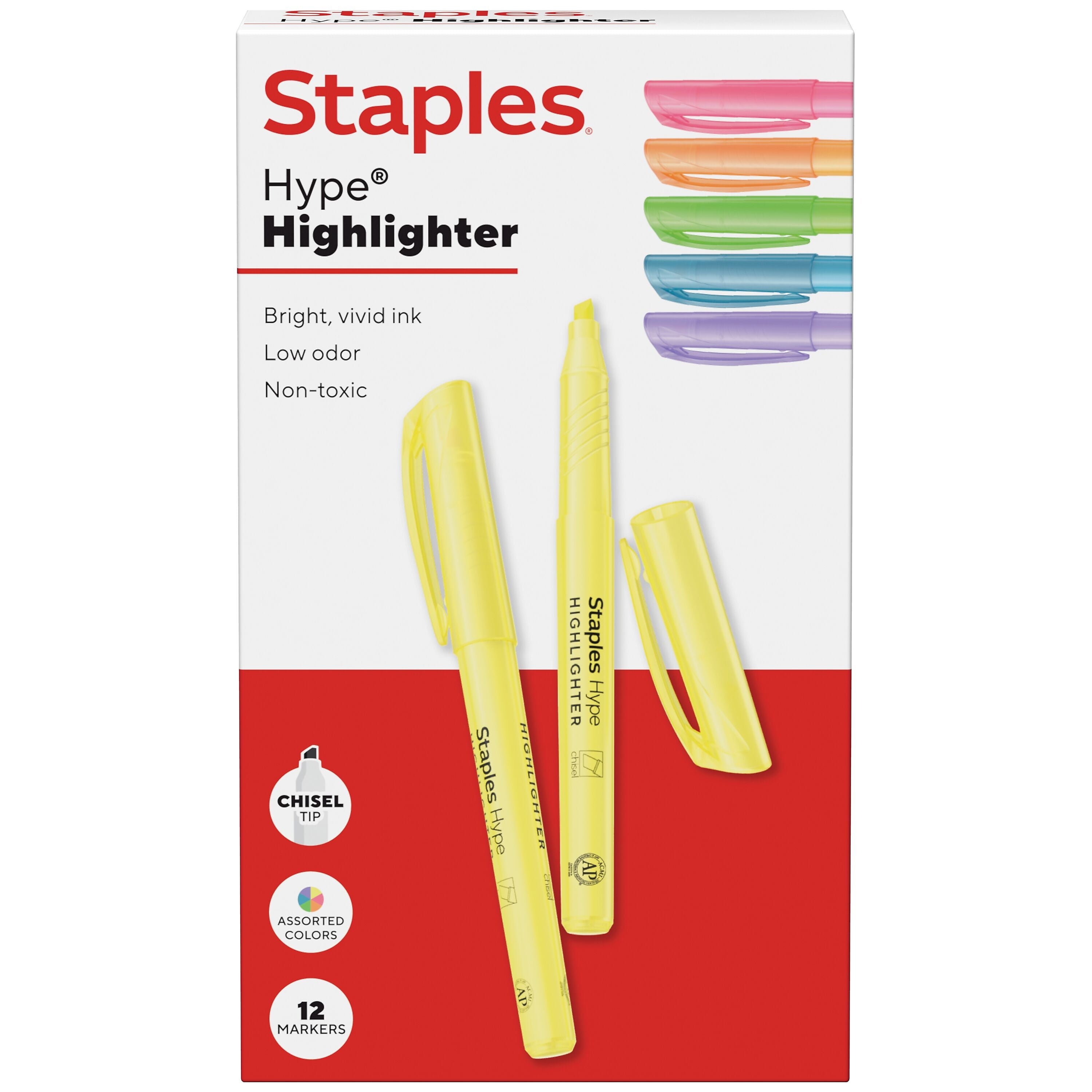 Staples Hype Stick Highlighter, Chisel Tip, Assorted, 12/Pack (ST62944)