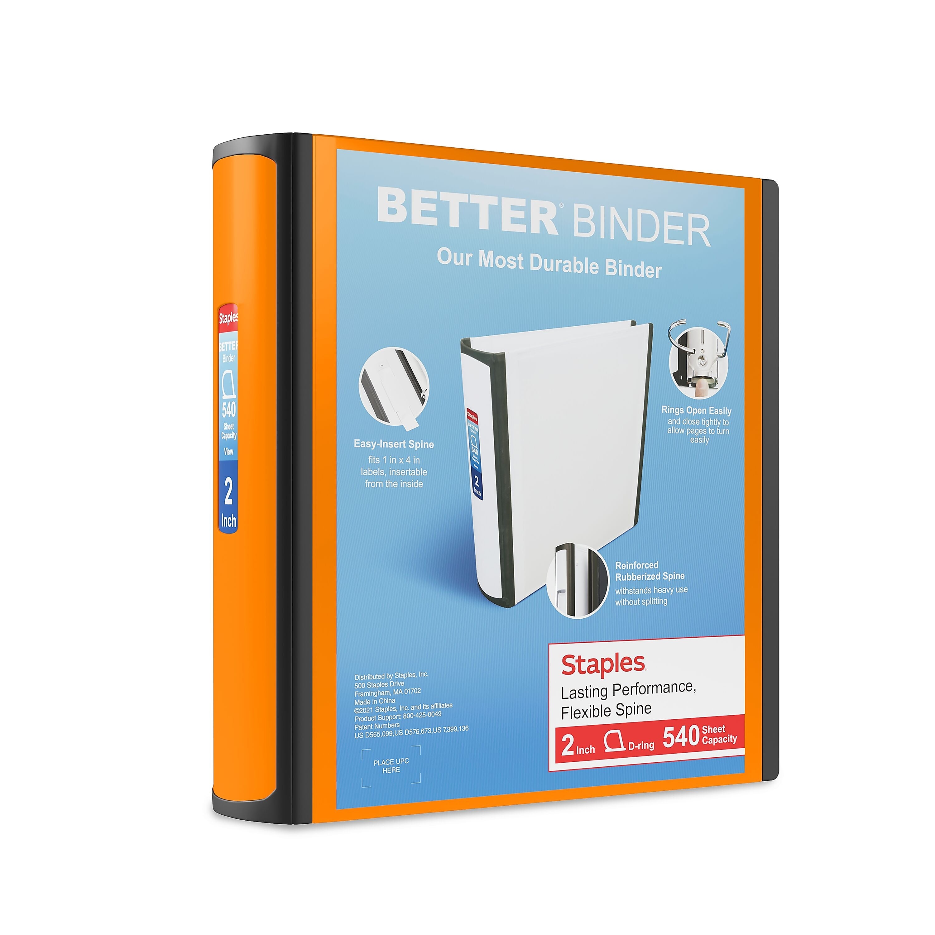 Staples 2" 3-Ring Better Binder, D-Ring, Bright Orange (ST55874-CC)