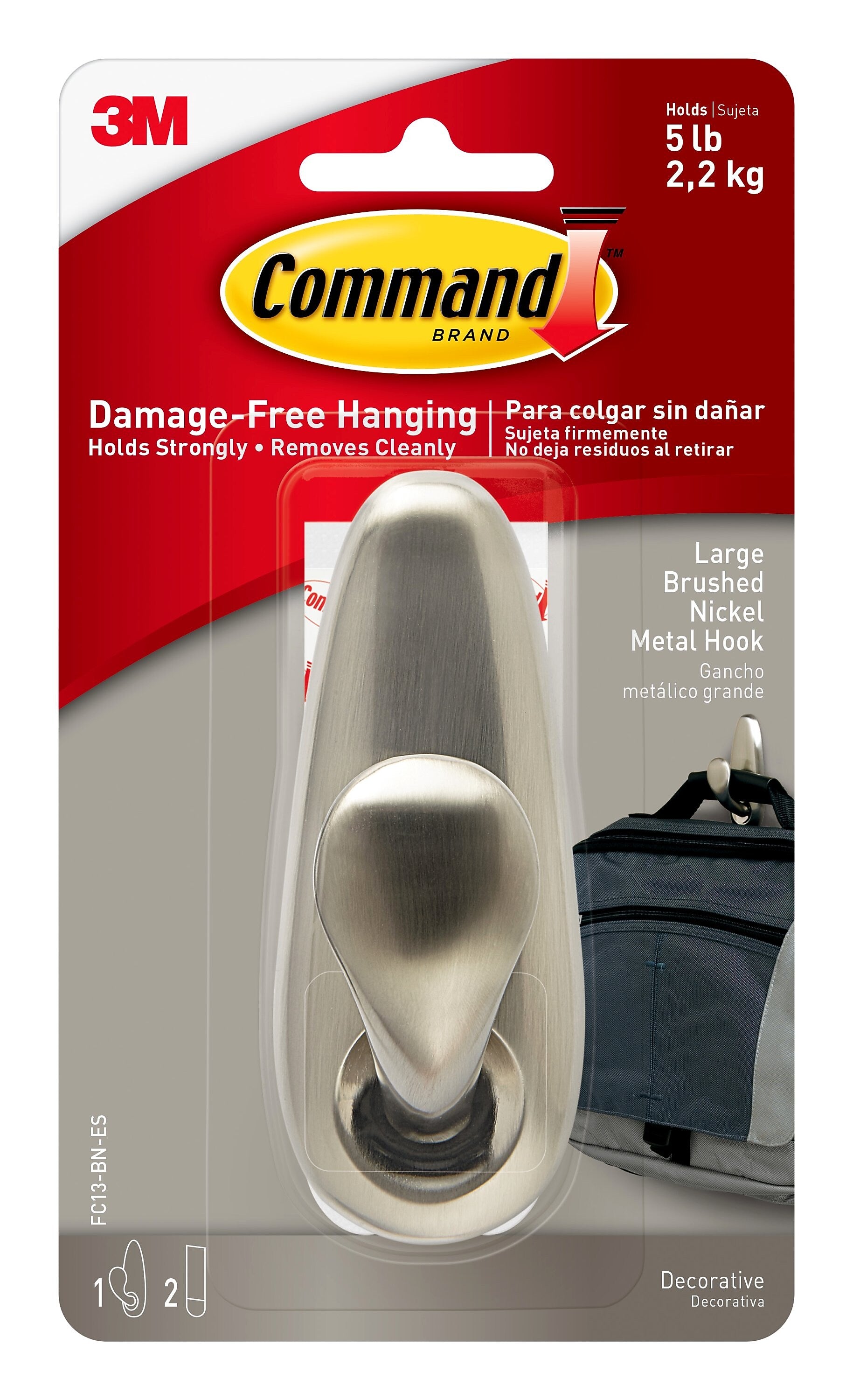 Command Large Metal Hook, 5 lb., Brushed Nickel (FC13-BN-ES)