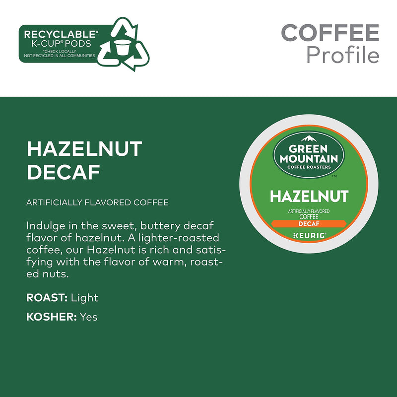 Green Mountain Hazelnut Decaf Coffee Keurig® K-Cup® Pods, Light Roast, 96/Carton (77923)