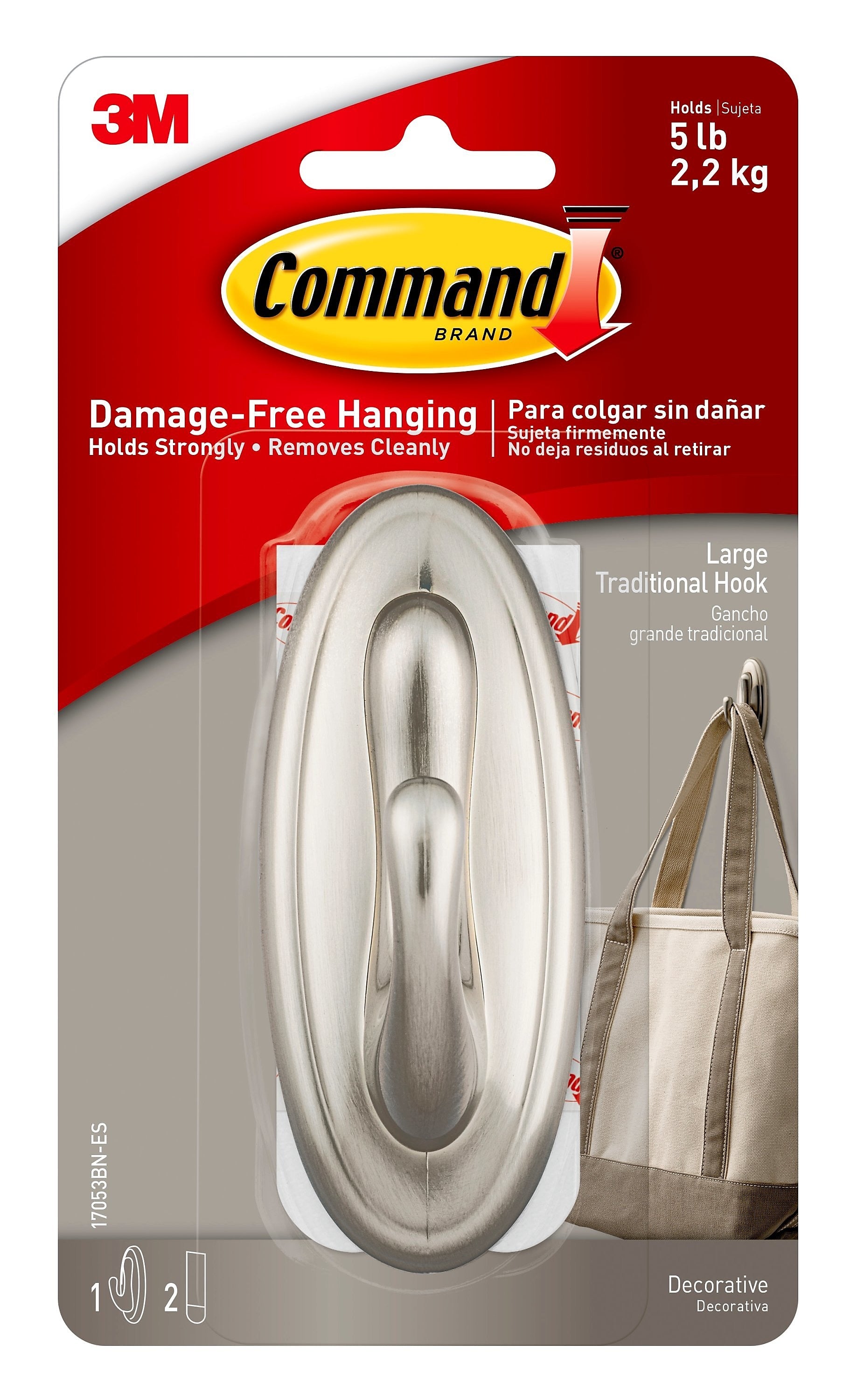 Command Damage Free Large Hook, 5 lb, Brushed Nickel (17053BN)