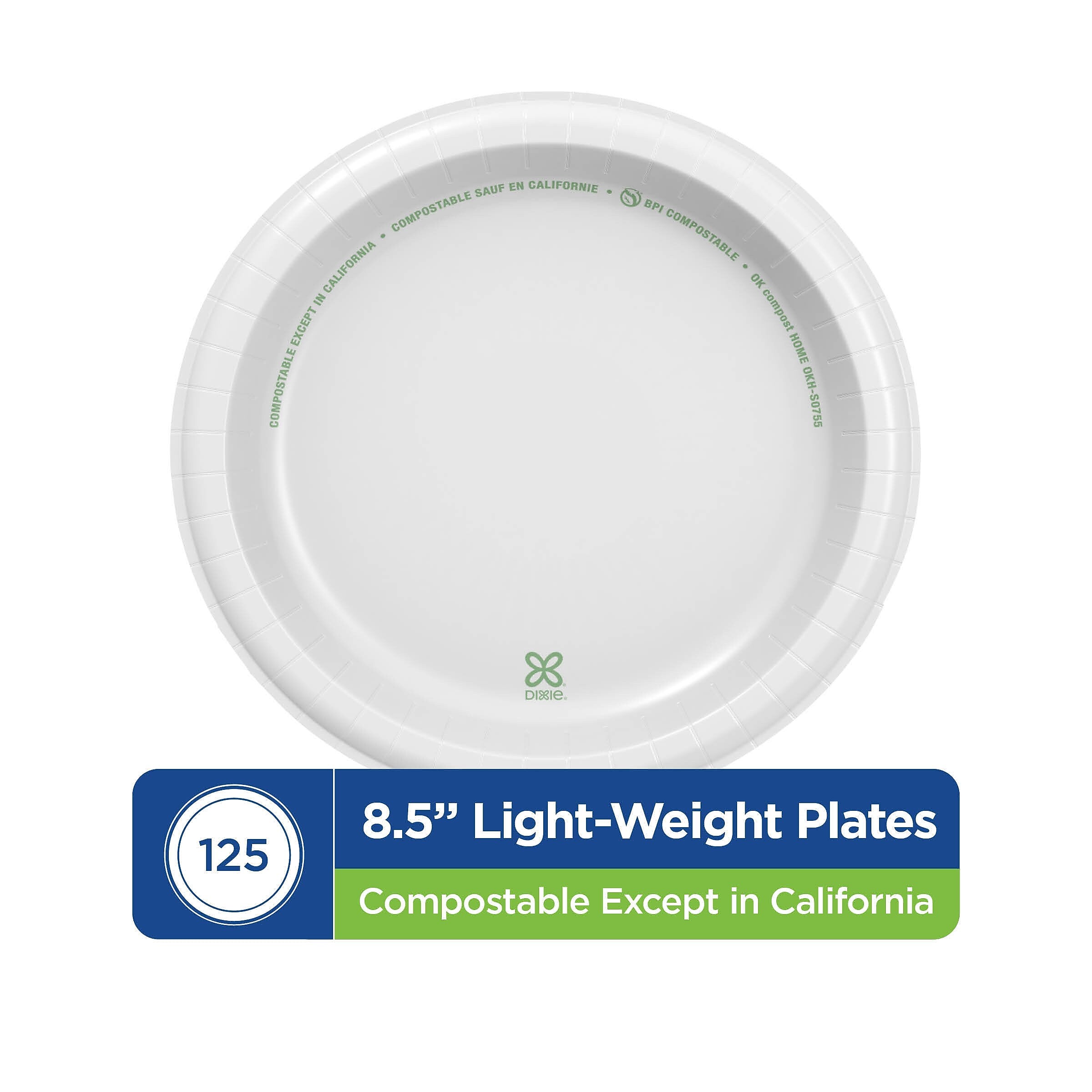 Dixie Basic 8.5" Paper Plates, White, 125 Plates/Pack (DIX-DBP09W)