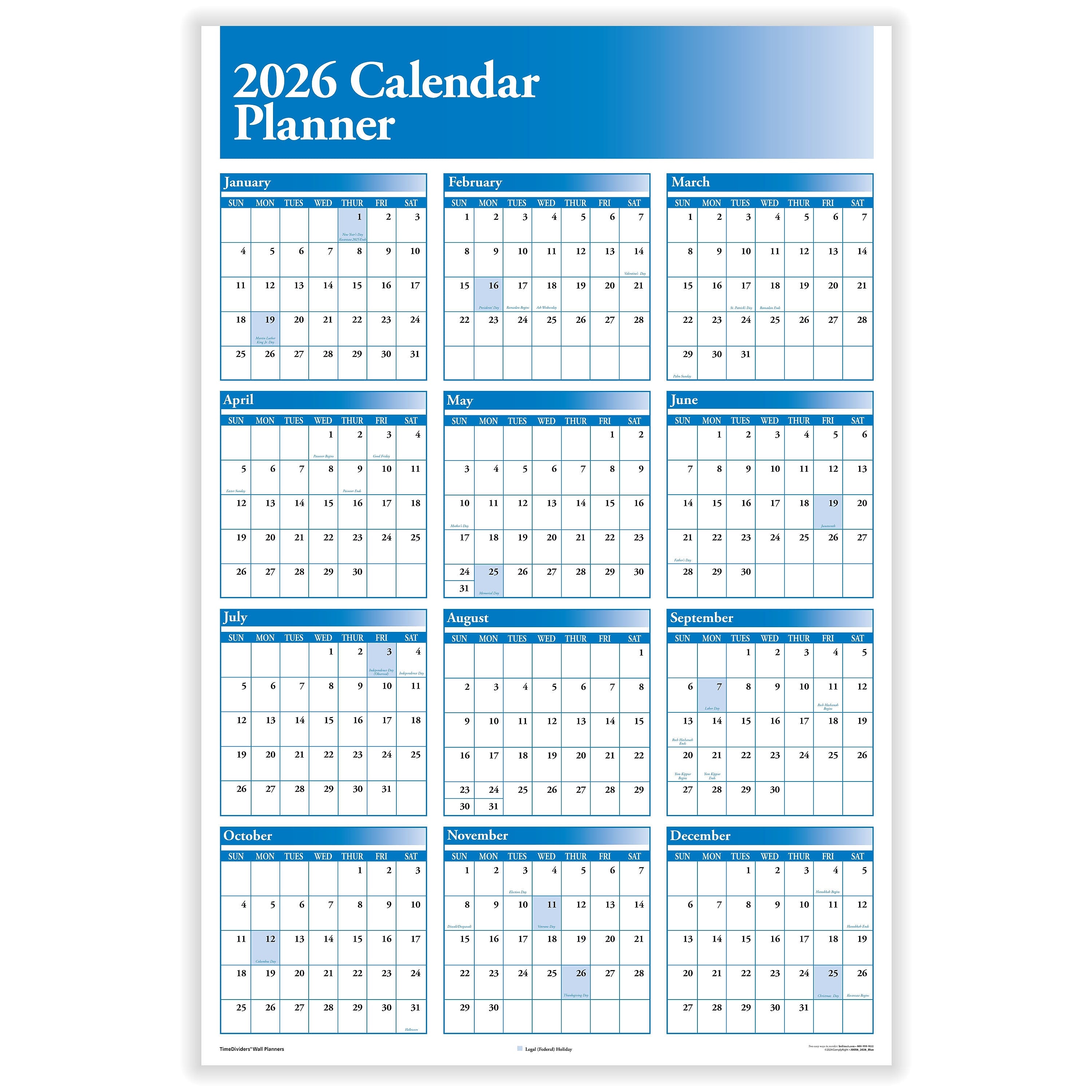 2026 ComplyRight Full Calendar Planner 36" x 24" Yearly Dry Erase Wall Calendar, Blue (J0056BL)