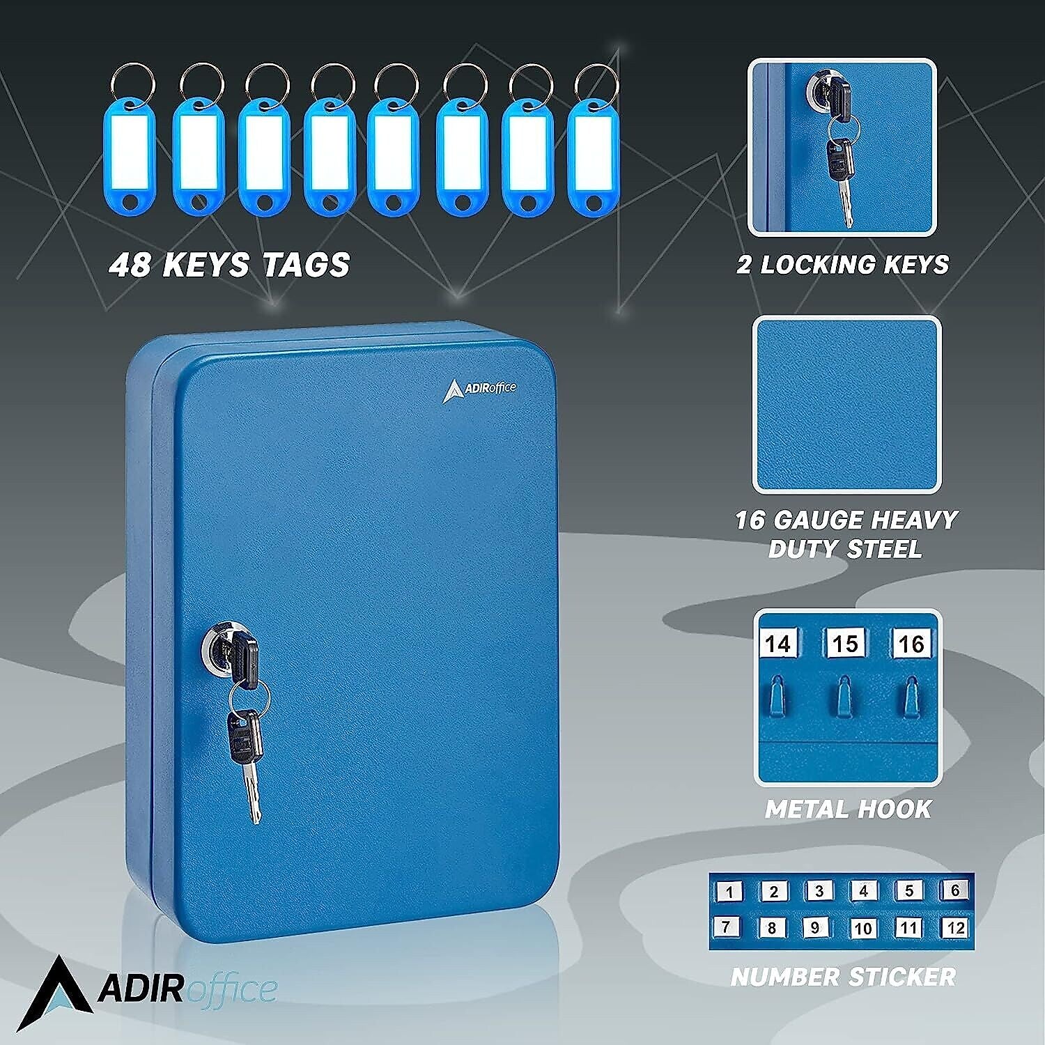 AdirOffice 48-Key Cabinet with Key Lock and Key Tags, Blue (681-48-BLU-PKG)