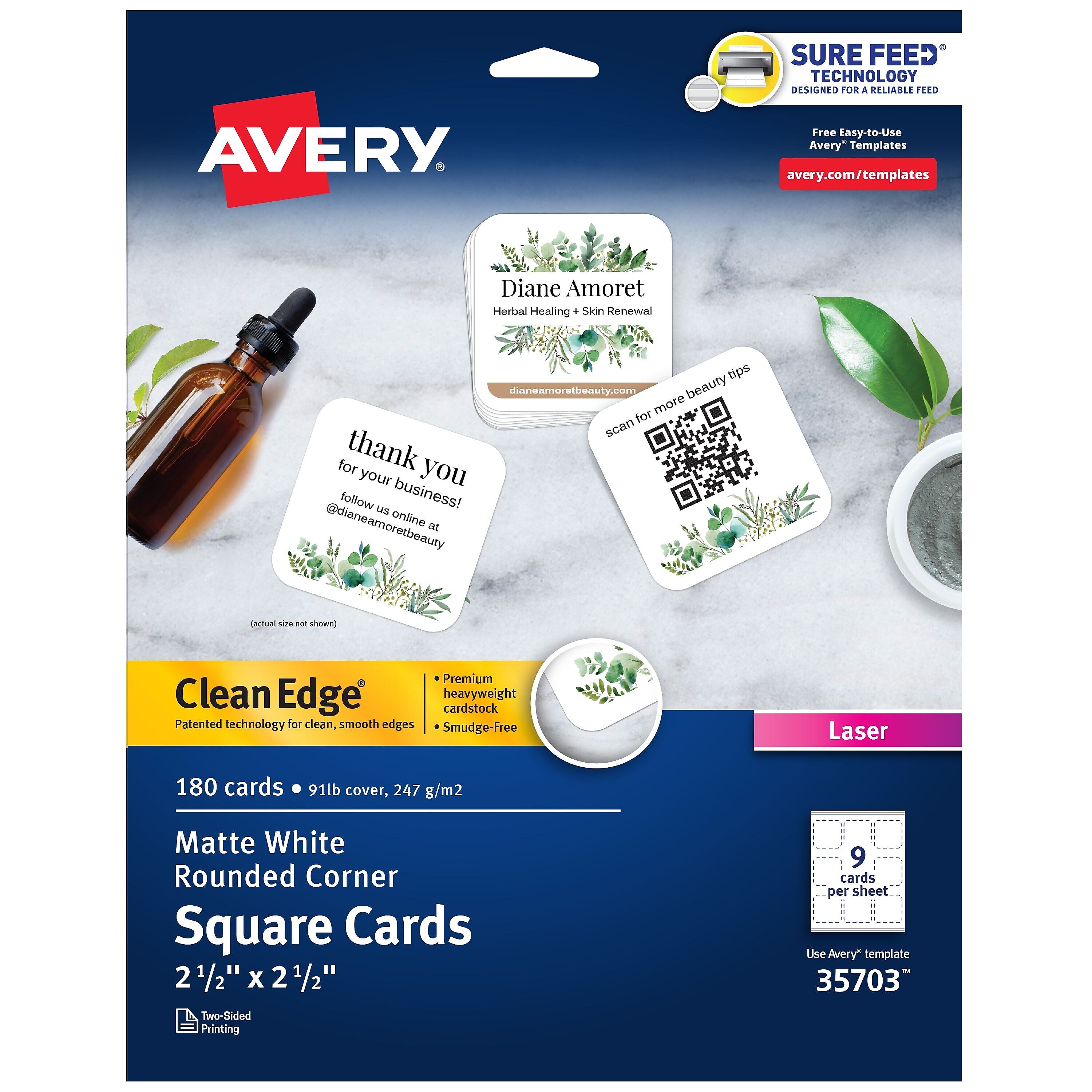 Avery Clean Edge Laser Square Cards with Rounded Corners, 2 1/2" x 2 1/2", White, 20 Sheets/Pack, 180 Cards/Pack (35703)