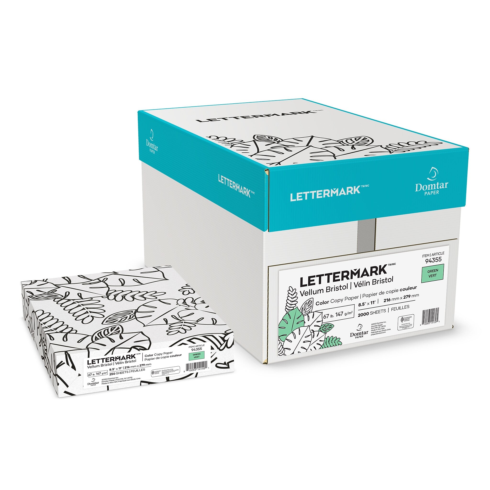 Domtar 67 lb. Cardstock Paper, 8.5" x 11", Green, 250 Sheets/Ream (94355)