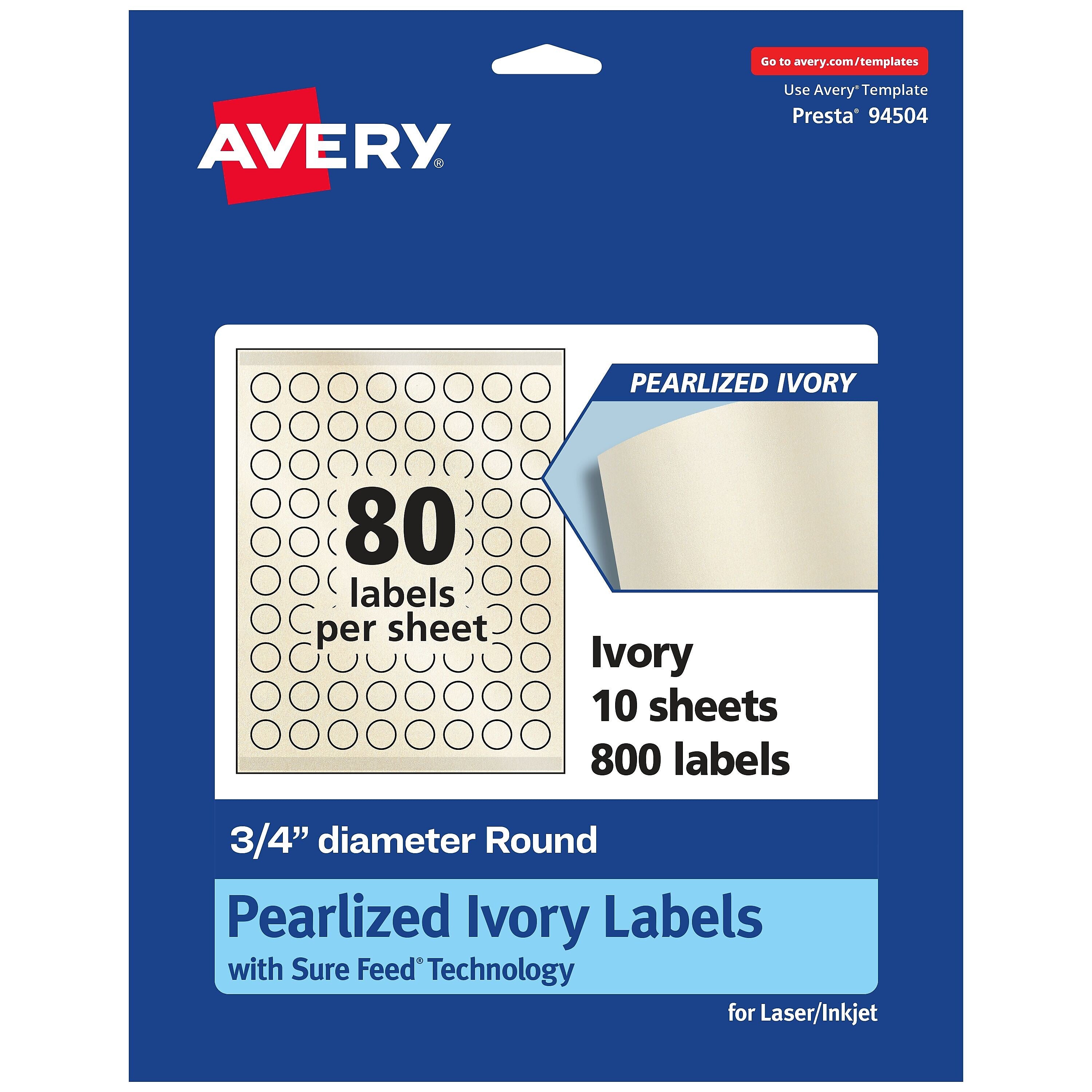 Avery Laser/Inkjet Round Multipurpose Labels, 0.75" Dia., Ivory, 800 Labels/Pack (94504)