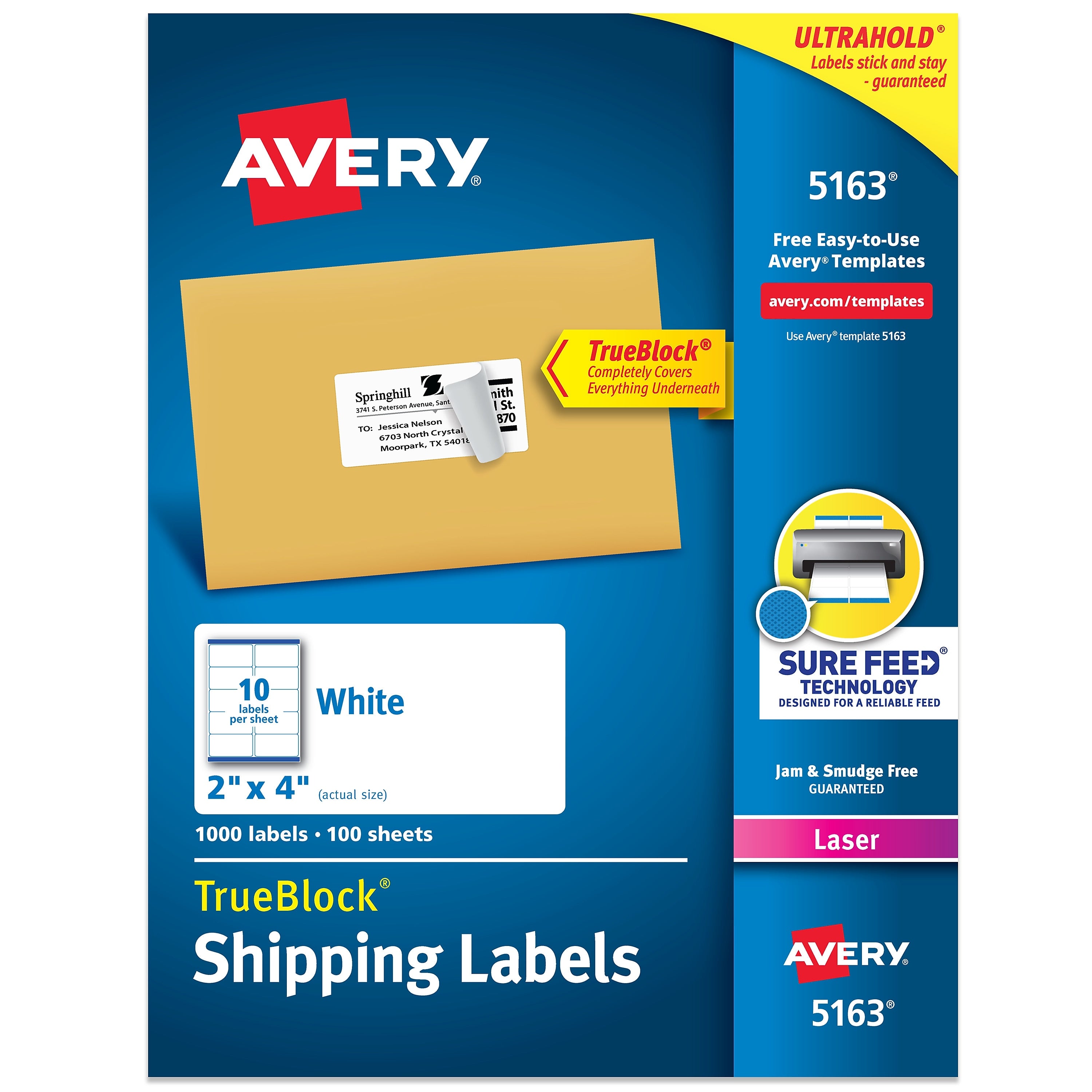 Avery TrueBlock Laser Shipping Labels, 2" x 4", Matte White, 1000 Labels/Box (5163)