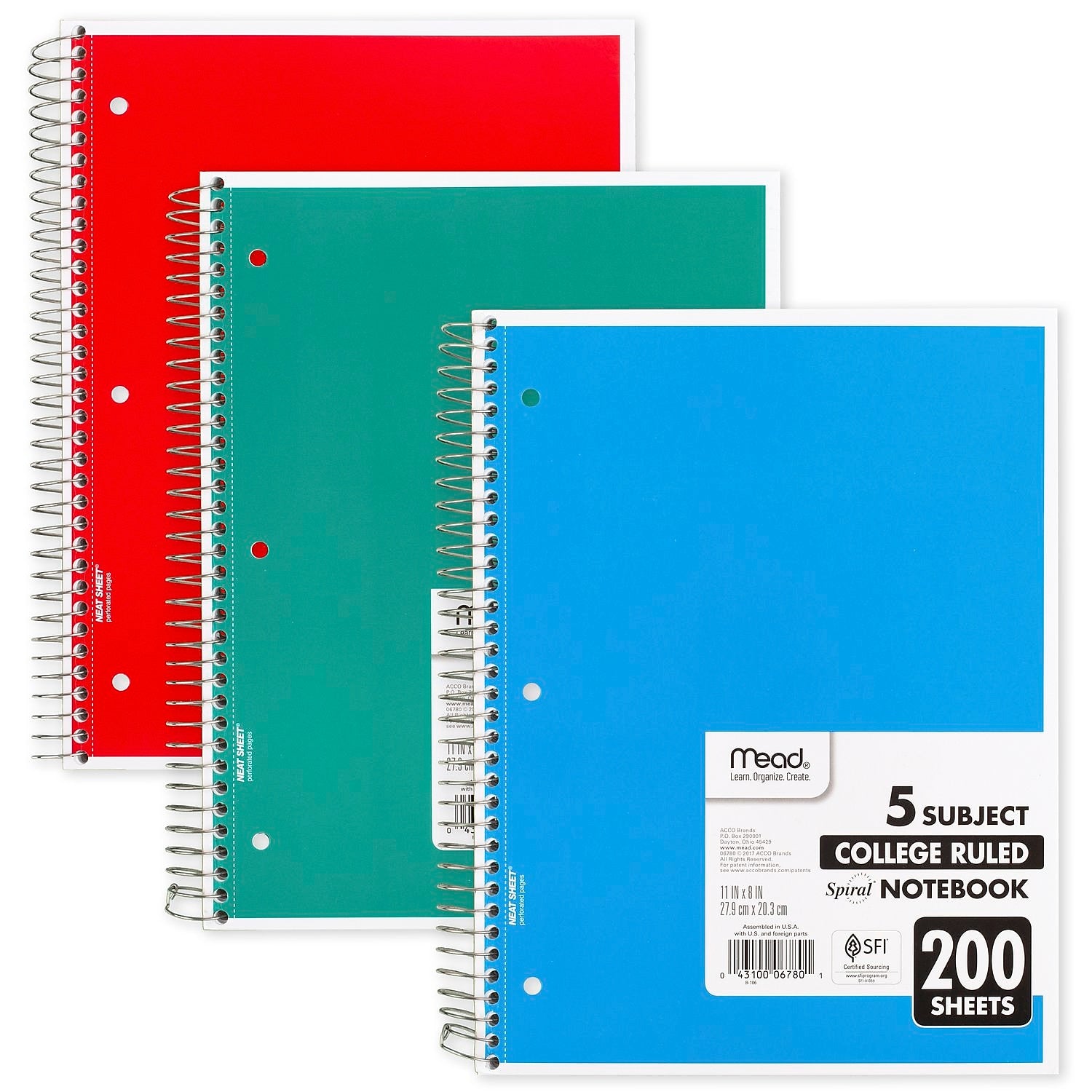Mead 5-Subject Notebook, 8.5" x 11", College Ruled, 200 Sheets, Assorted Colors (06780)