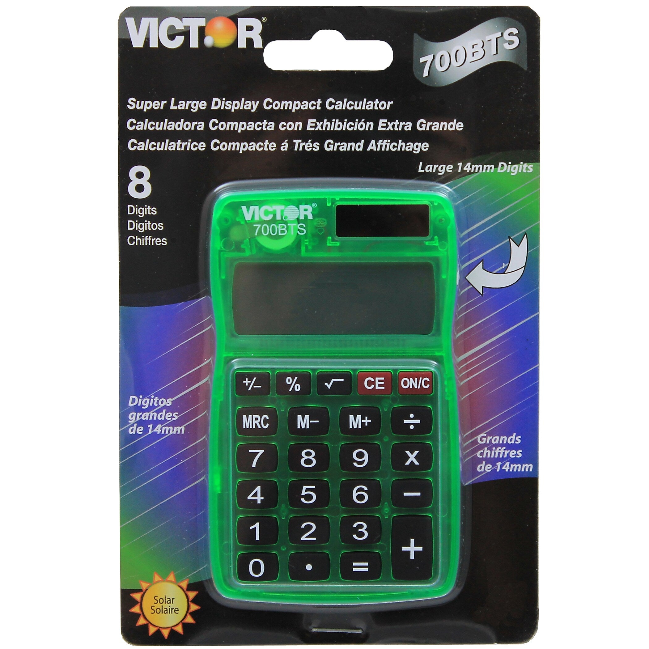 Victor Compact 8-Digit Battery/Solar Powered Basic Calculator, Assorted Colors, 5/Bundle (VCT700BTS-5)