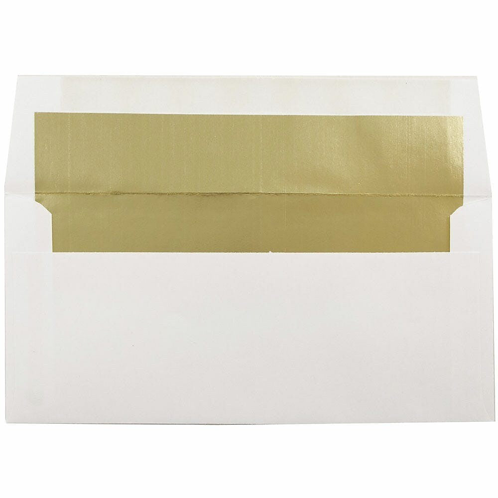 JAM Paper Booklet Envelope 3 7/8" x 8 7/8", White with Gold Foil, 100/Pack (32430262d)