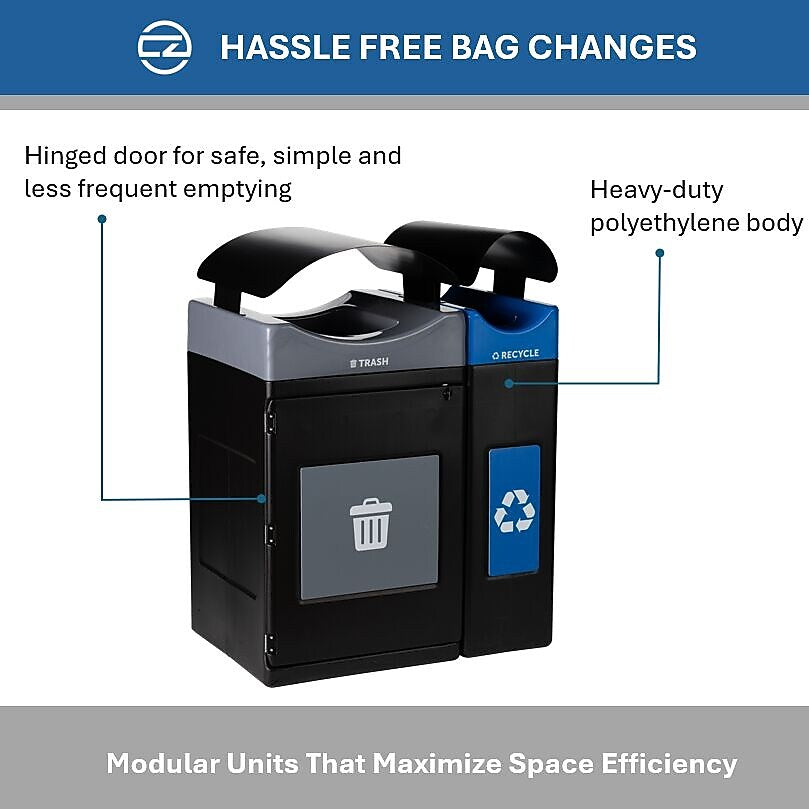 Commercial Zone Avante Series Polyethylene Dual-Stream Trash and Recycling Center, 85 Gallon, Black (787204MSA)