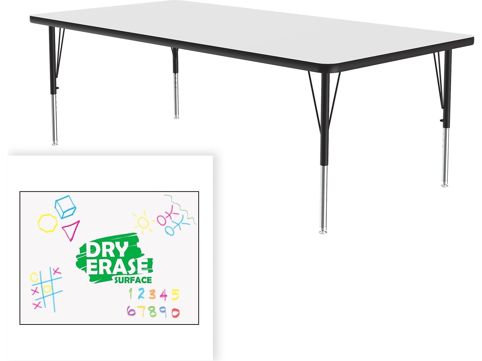 Correll Rectangular Activity Table, 72" x 30", Height-Adjustable, Frosty White/Black (A3072DE-REC-80)