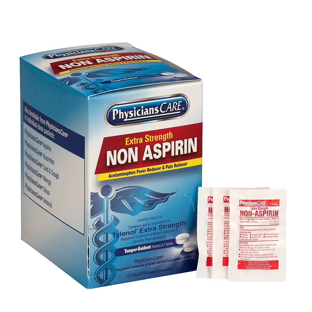 Physicians Care Extra Strength Non-Aspirin 500 Milligrams Acetaminophen Pain Reliever Tablet, 2/Packet, 125 Packets/Box (40800)