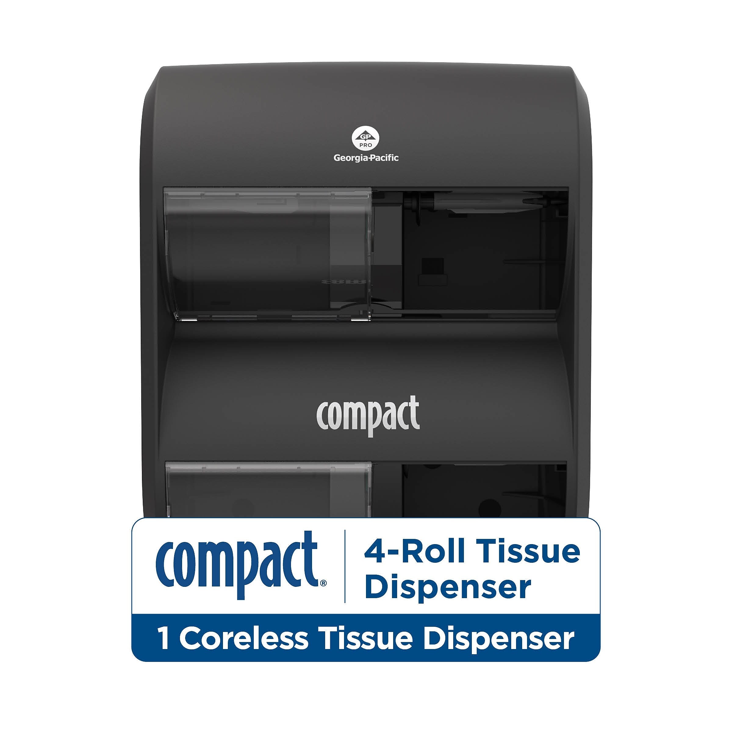 Compact® 4-Roll Quad Coreless Toilet Paper Dispenser by GP PRO, Black, 11.750” W x 6.900” D x 13.250” H (56744B)