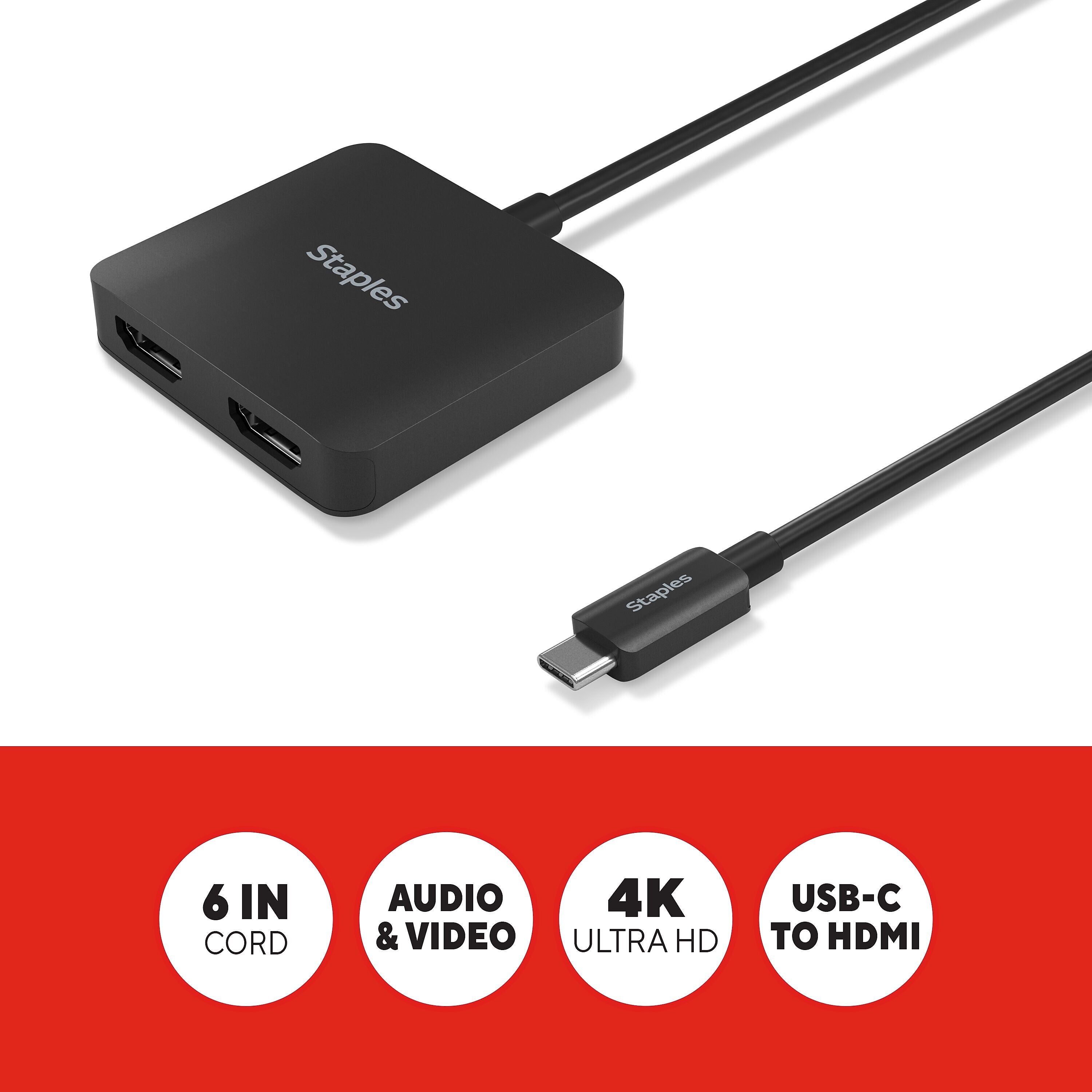Staples TECH 6" USB-C to HDMI Audio/Video Cable, Male to Female, Black (ST62386)