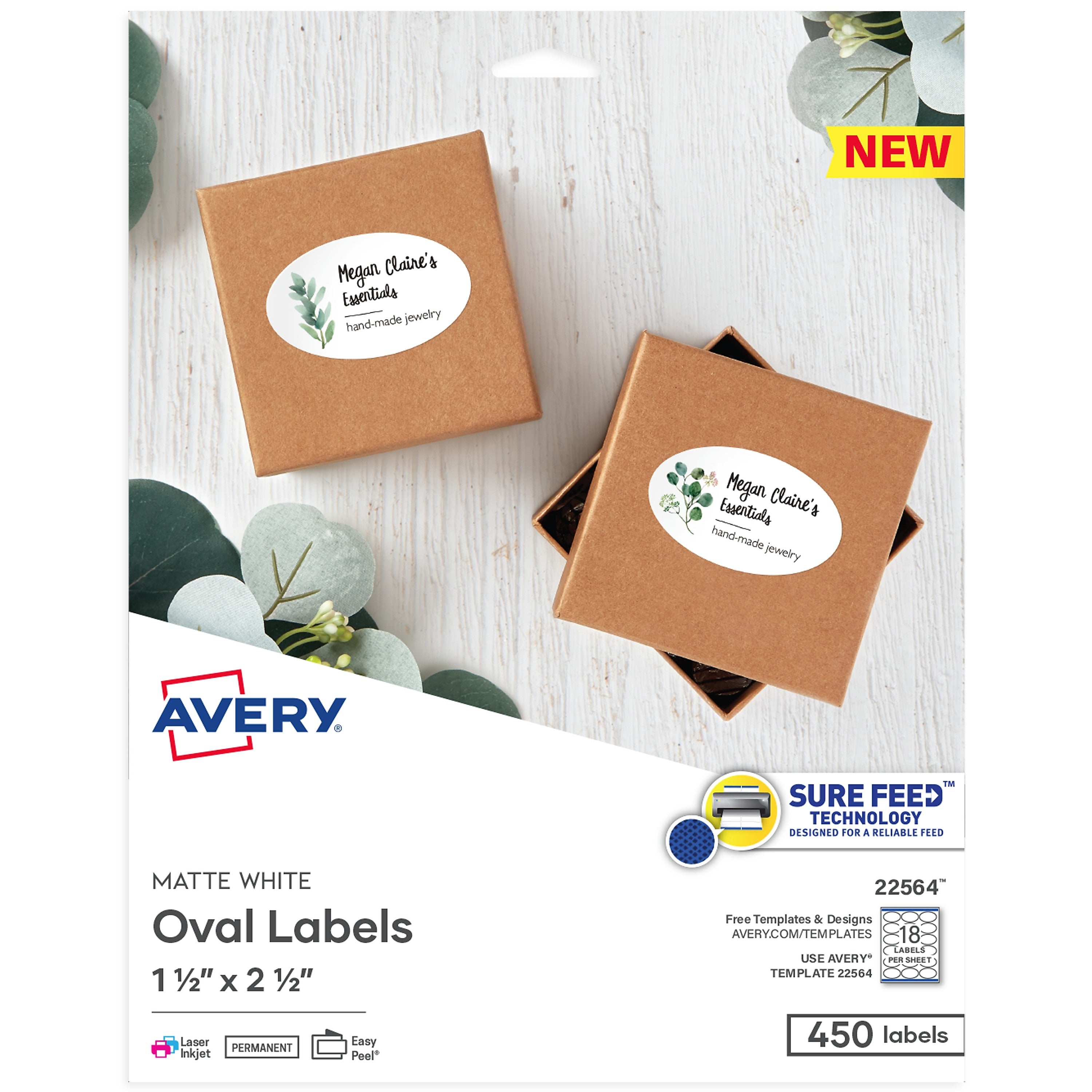 Avery Print-to-the-Edge Laser/Inkjet Oval Labels, 1 1/2" x 2 1/2", White, 450 Labels/Pack (22564)