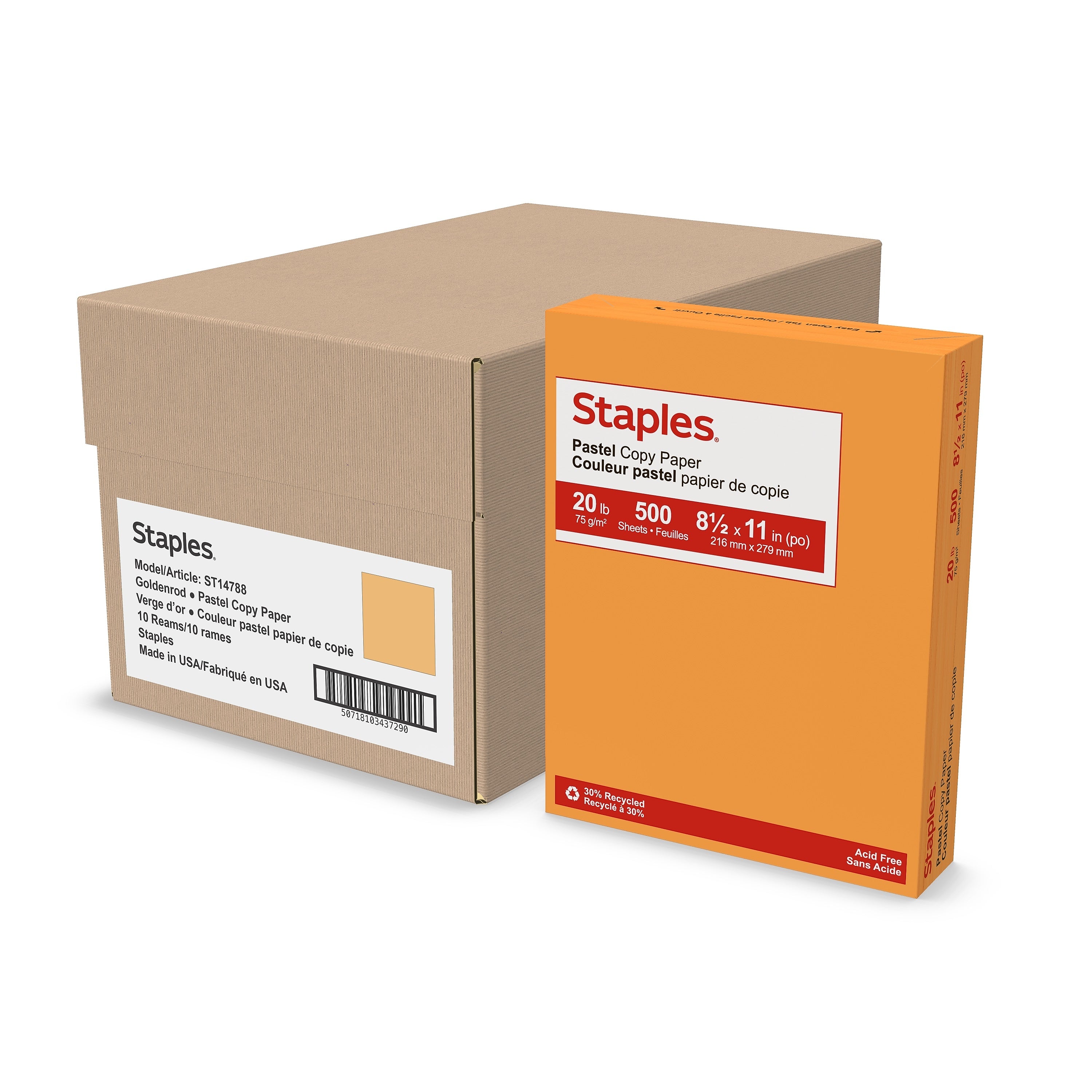 Staples Pastel 30% Recycled Color Copy Paper, 20 Lbs., 8.5" x 11", Goldenrod, 5000/Carton (14788-AA)