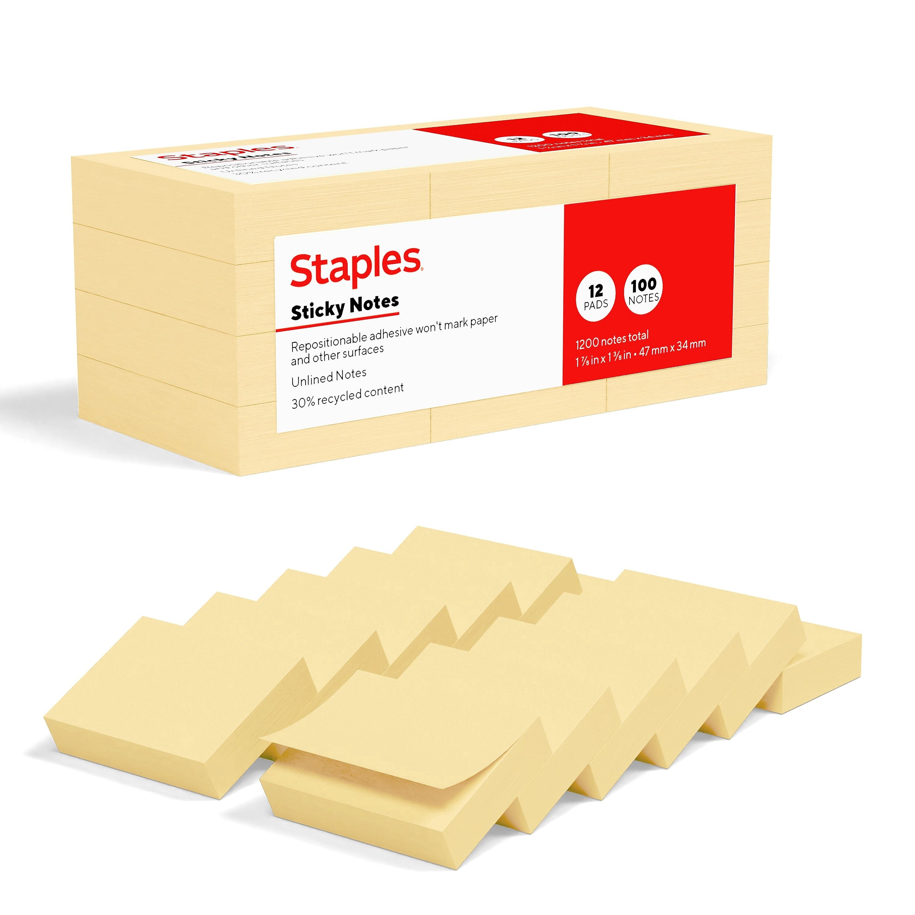 Staples Sticky Notes, 1 3/8" x 1 7/8", Sunshine Collection, 100 Sheets/Pad, 12 Pads/Pack (ST62864)