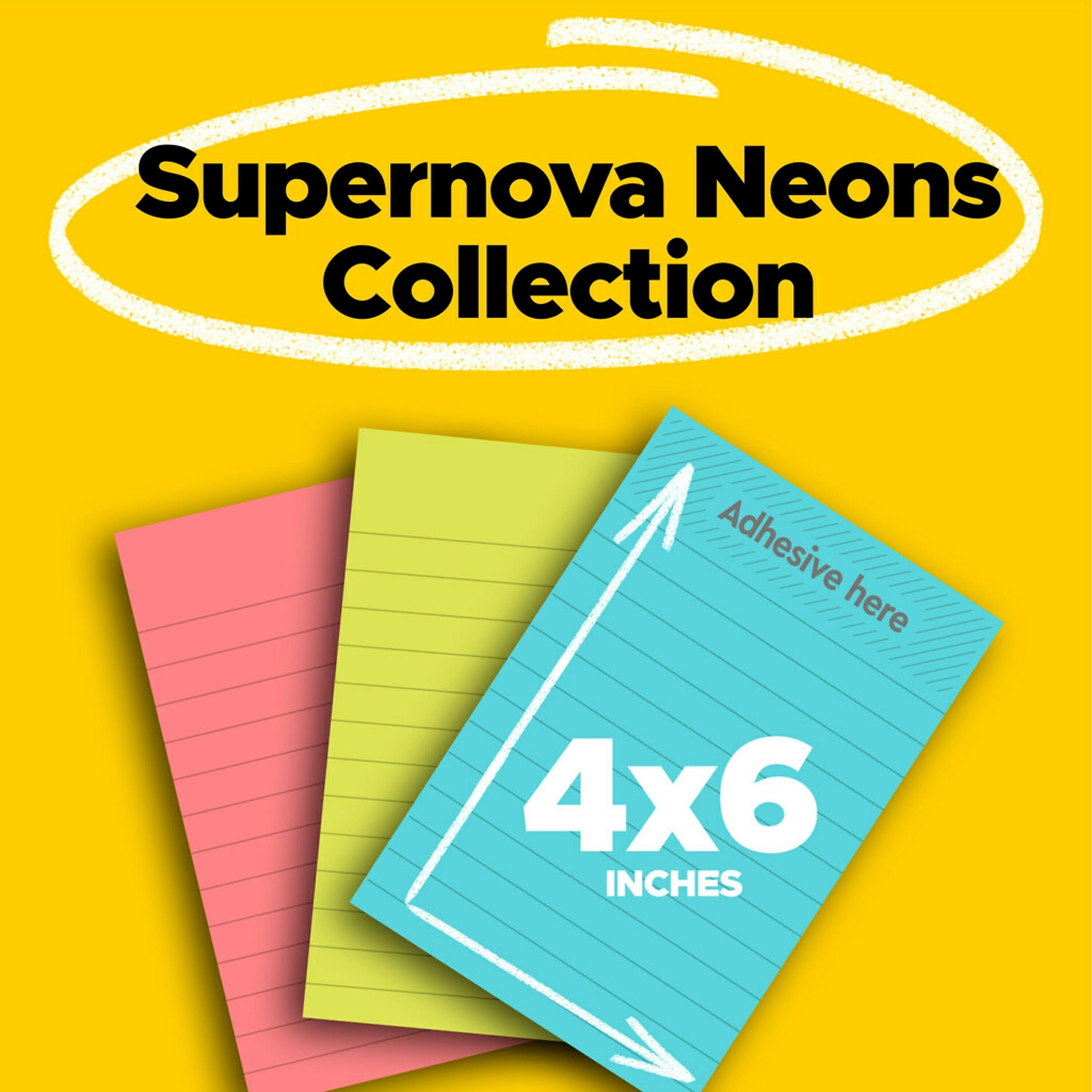 Post-it Super Sticky Notes, 4" x 6", Supernova Neons Collection, Lined, 90 Sheet/Pad, 3 Pads/Pack (660-3SSMIA)
