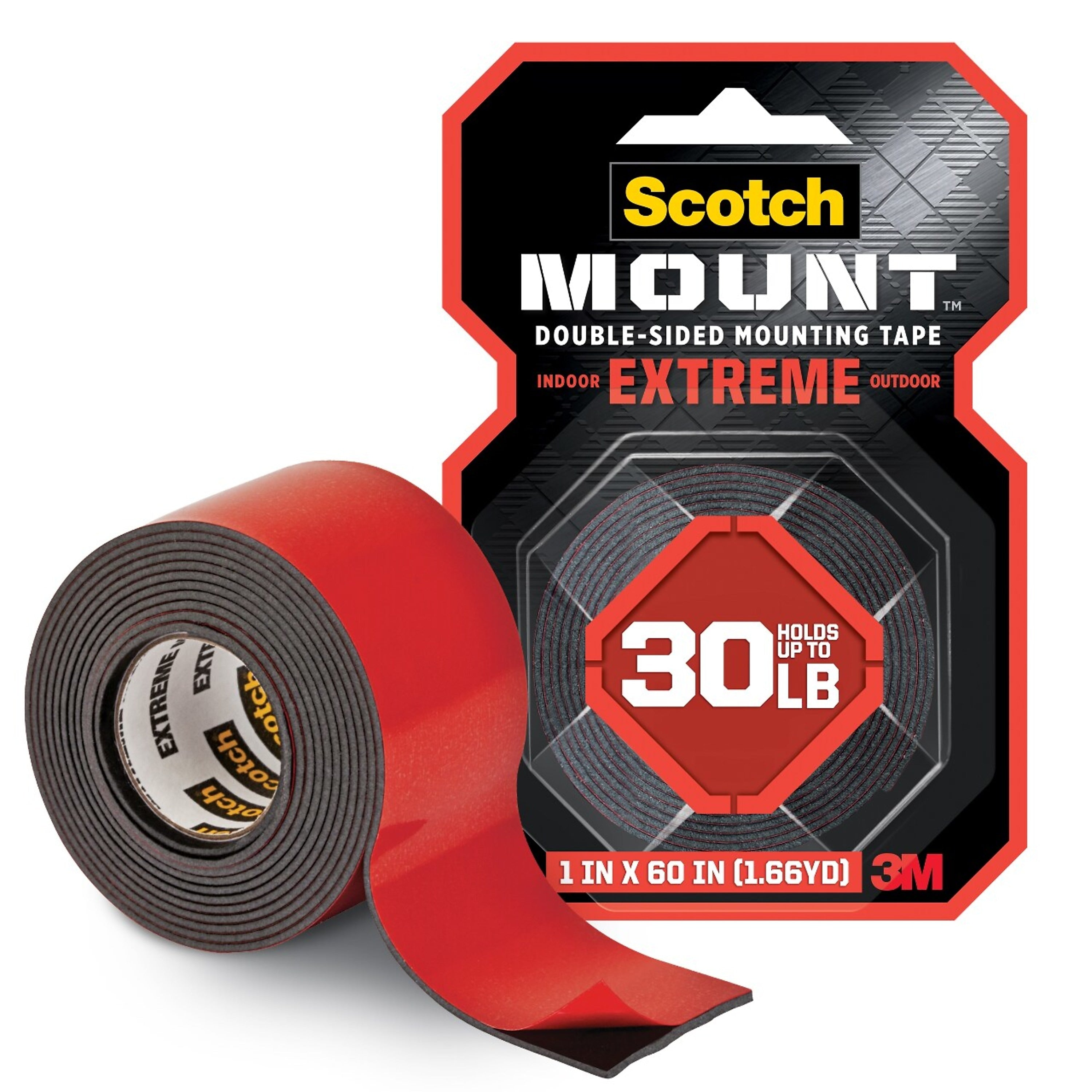 Scotch-Mount Extreme Double-Sided Mounting Tape, 1" x 60", 1 Roll, Black (414P)