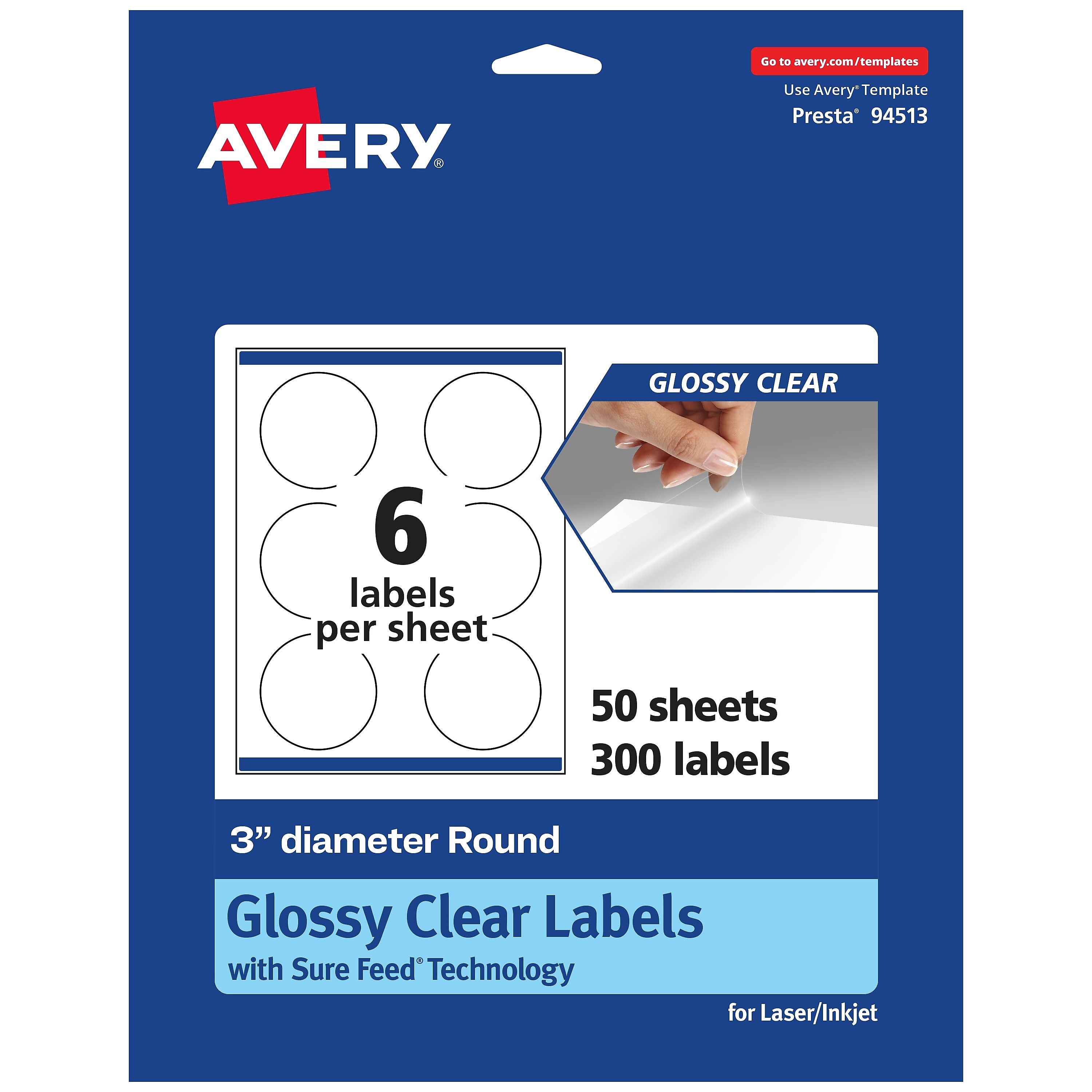 Avery Laser/Inkjet Round Multipurpose Labels, 3" Dia., Clear, 300 Labels/Box (94513)