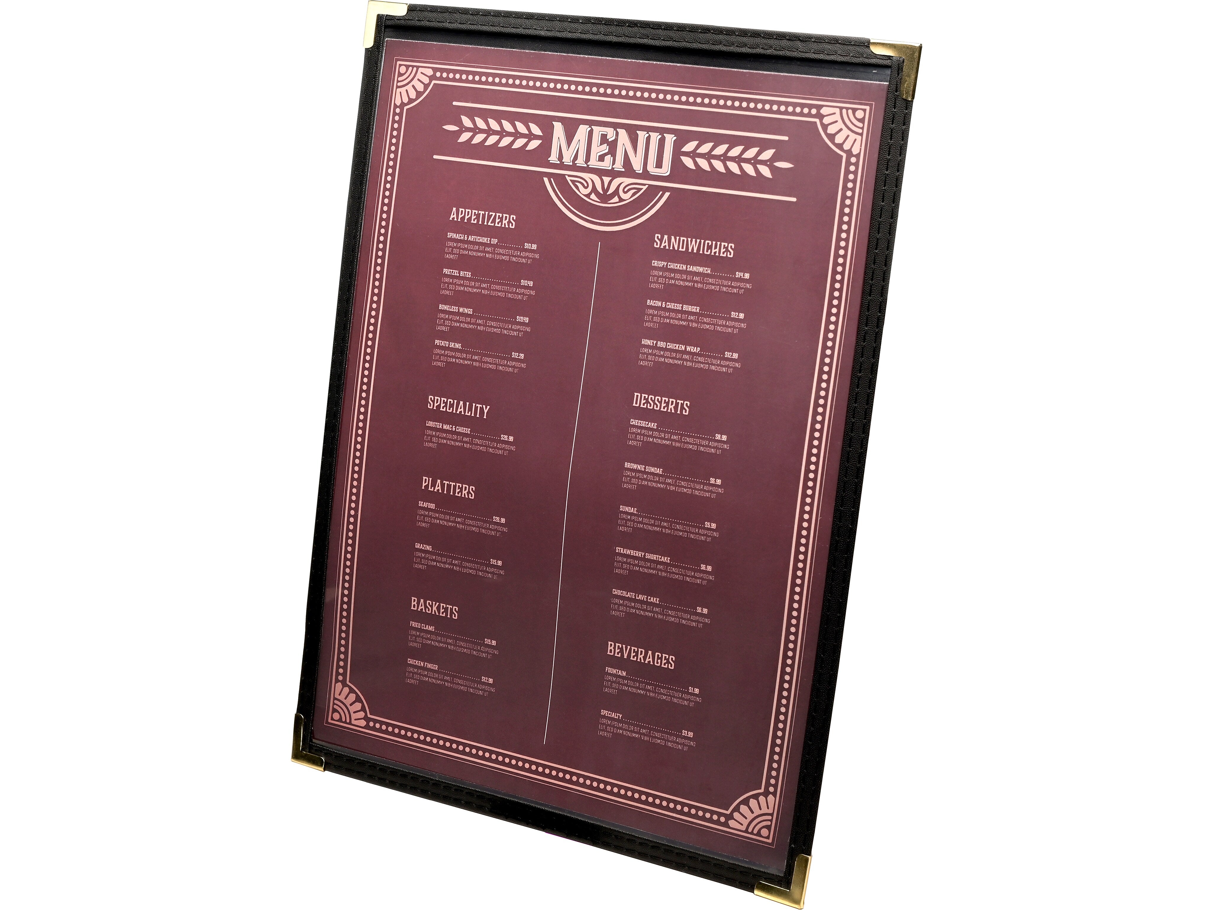 Excello Global Products Menu Holder, 8.5" x 11", Black/Gold (SPLS-MENU-2-1PK)