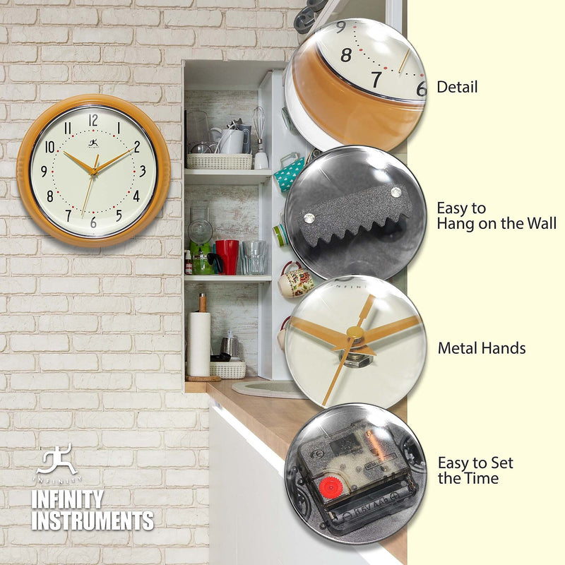 Infinity Instruments Round Retro Saffron Wall Clock, Aluminum, 12" (10940SY-12)