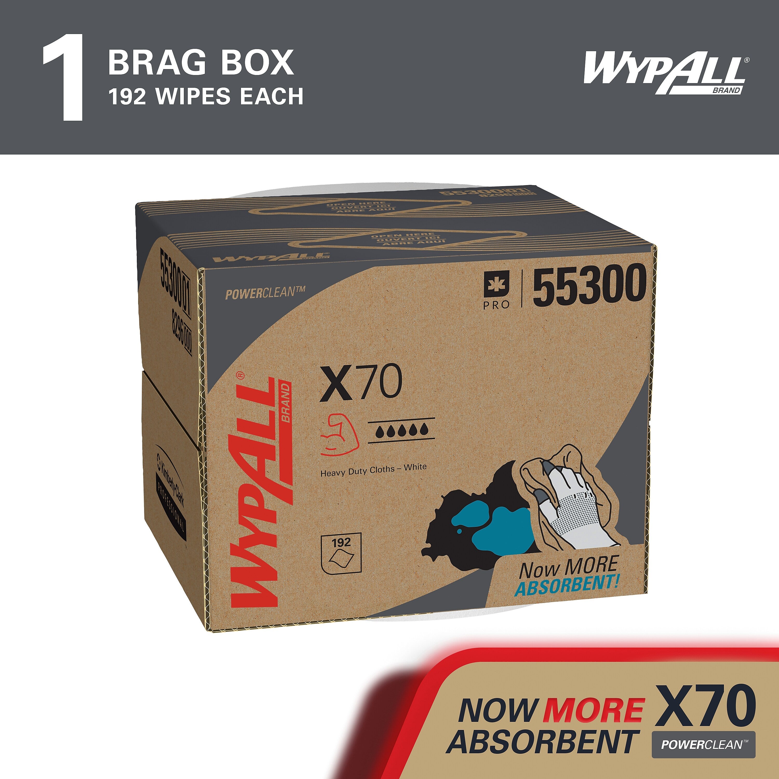 WypAll PowerClean X70 Cloths, 11.1" x 16.8", White, 192 Sheets/Box (55300)
