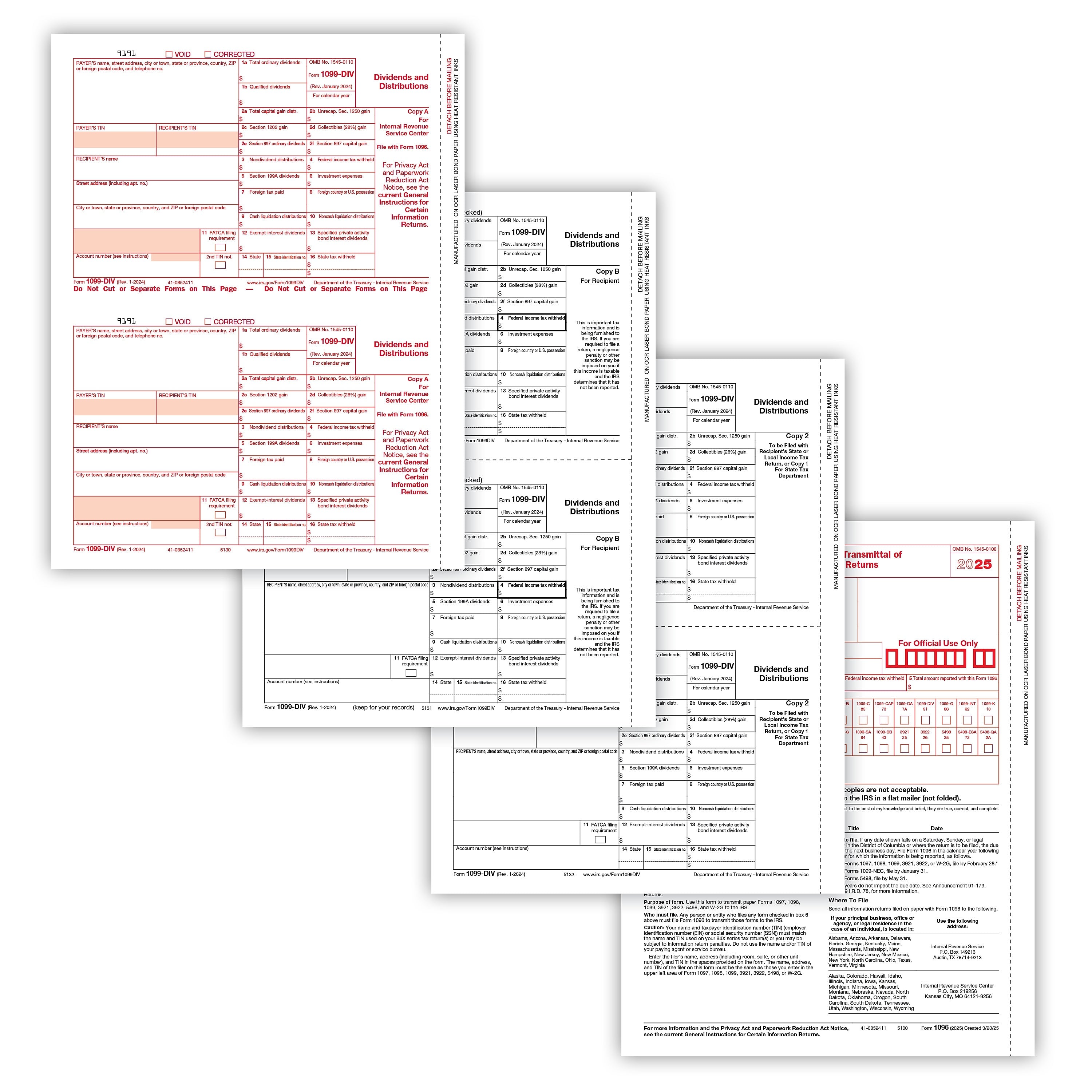 ComplyRight 2025 1099-DIV Tax Form Envelopes, 4-Part, 2-Up, Copies A, B, C and/or State, 10/Pack (610710)