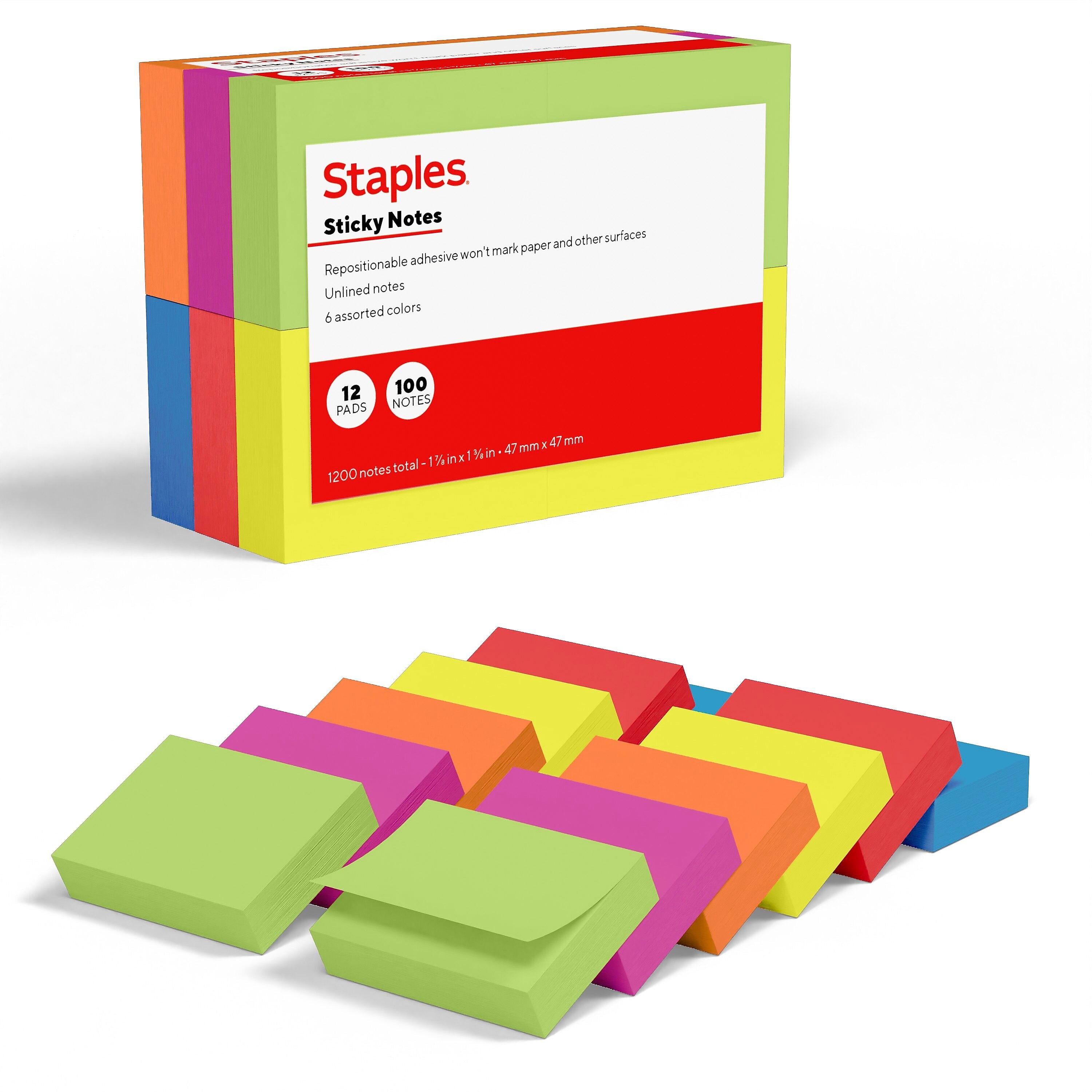 Staples Sticky Notes, 1 7/8" x 1 7/8", Summer Breeze Collection, 100 Sheets/Pad, 12 Pads/Pack (ST62866)