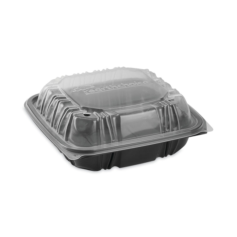 Pactiv Evergreen EarthChoice Vented Dual Color Microwavable Hinged Lid Container, 28oz, Black/Clear, Plastic, 150/CT