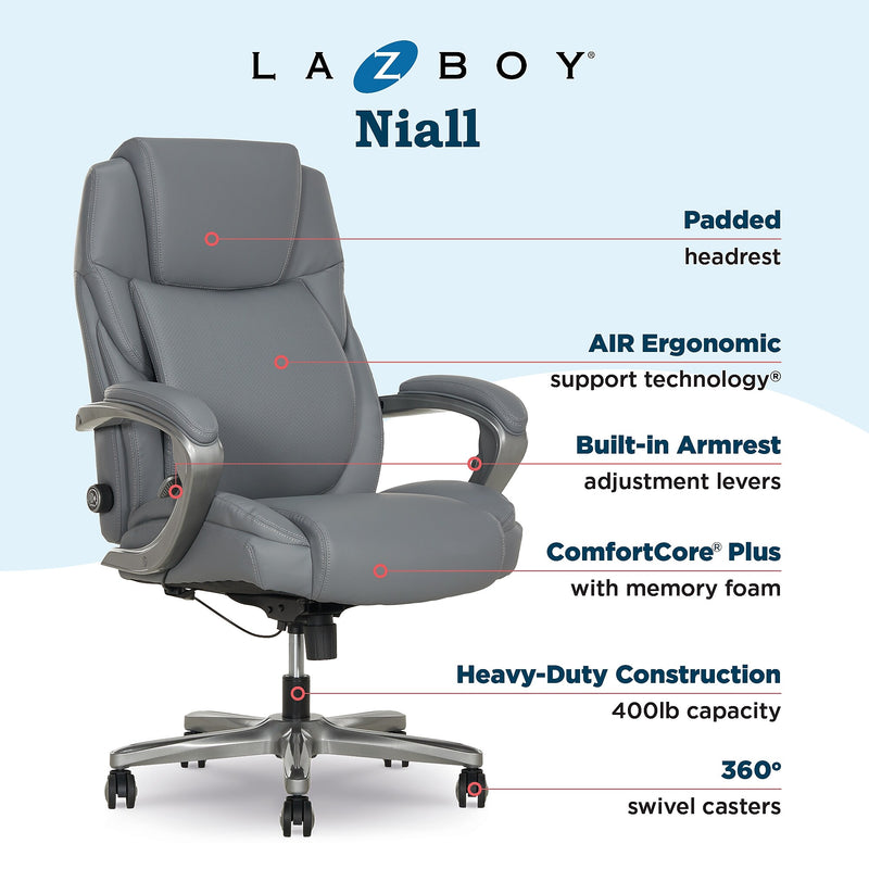 La-Z-Boy Niall AIR Lumbar Pro+ Ergonomic Vegan Leather Executive Big & Tall Chair, 400 lb. Capacity, Cool Gray (60114-CGRY)