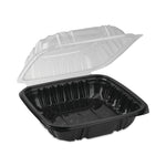 Pactiv Evergreen EarthChoice Vented Dual Color Microwavable Hinged Lid Container, 38oz, Black/Clear, Plastic, 150/CT