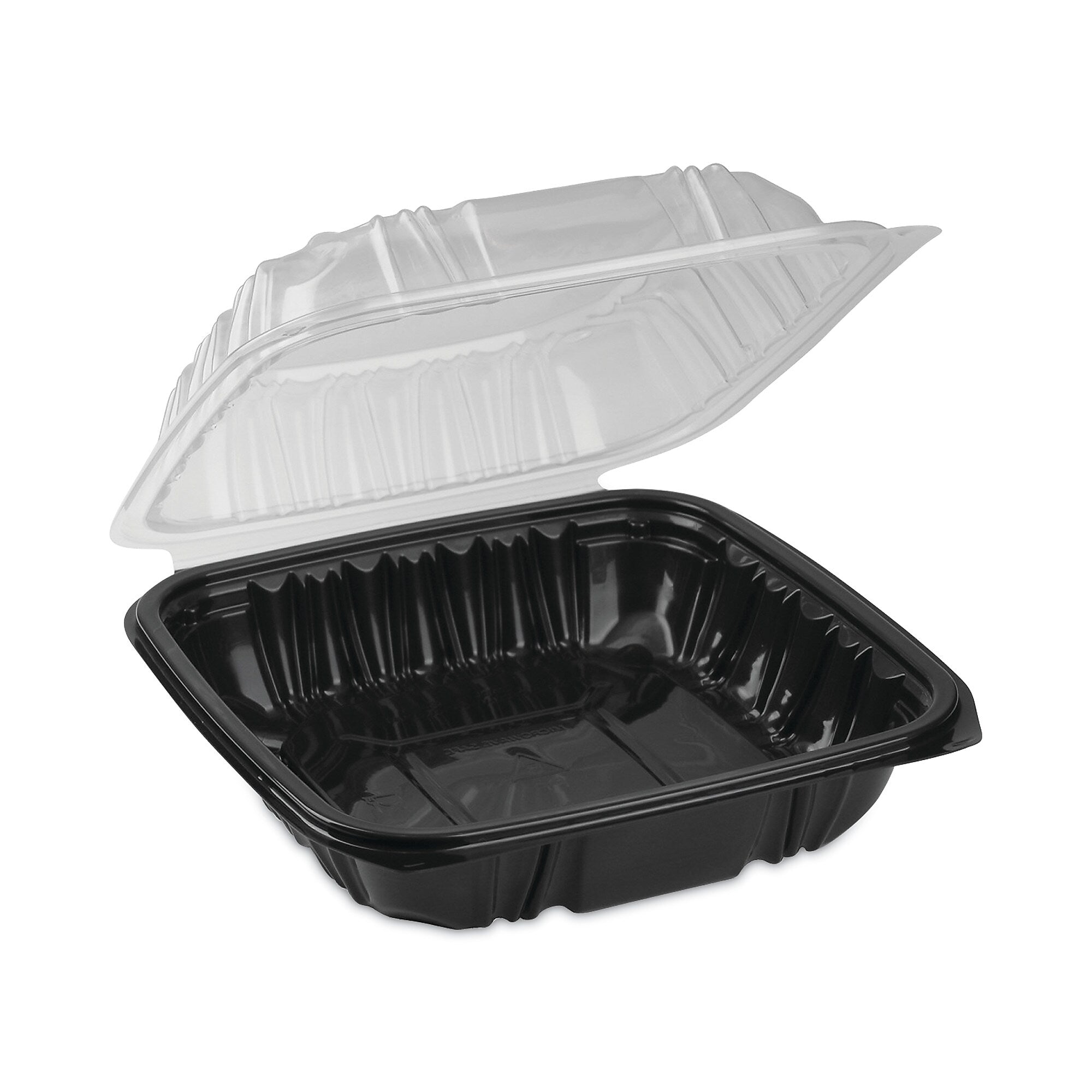 Pactiv Evergreen EarthChoice Vented Dual Color Microwavable Hinged Lid Container, 38oz, Black/Clear, Plastic, 150/CT