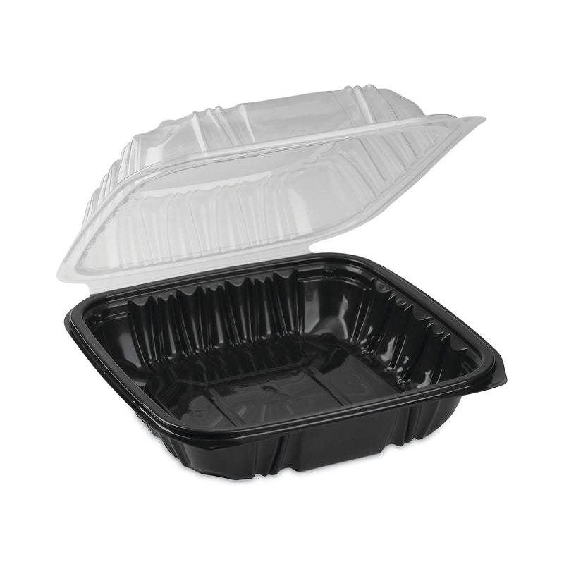 Pactiv Evergreen EarthChoice Vented Dual Color Microwavable Hinged Lid Container, 38oz, Black/Clear, Plastic, 150/CT