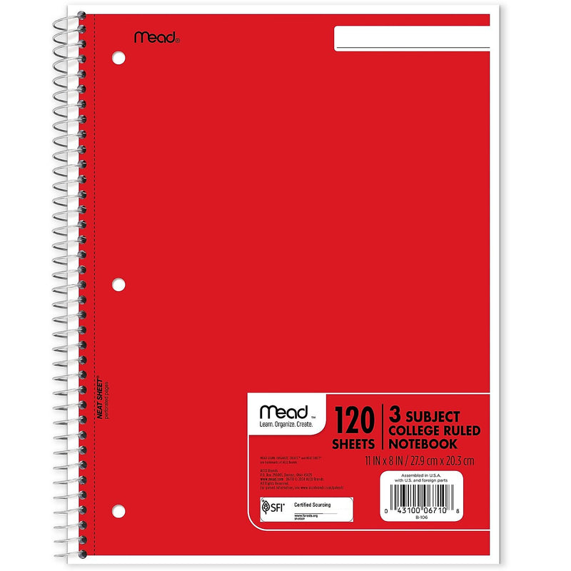 Mead Spiral 3-Subject Notebooks, 8.5" x 11", College Ruled, 120 Sheets (06710)