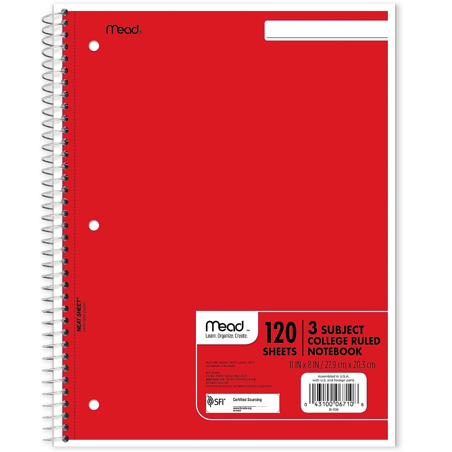 Mead Spiral 3-Subject Notebooks, 8.5" x 11", College Ruled, 120 Sheets (06710)