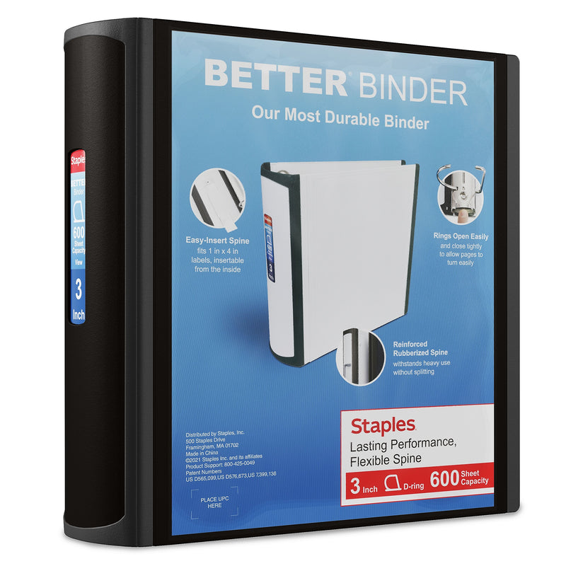 Staples 3" 3-Ring Better Binder, D-Ring, Black (ST55888-CC)