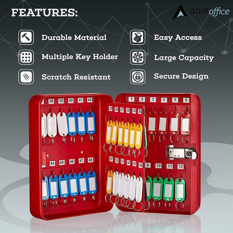 AdirOffice 48-Key Cabinet with Combination Lock and Key Tags, Red (682-48-RED-689-PKG)
