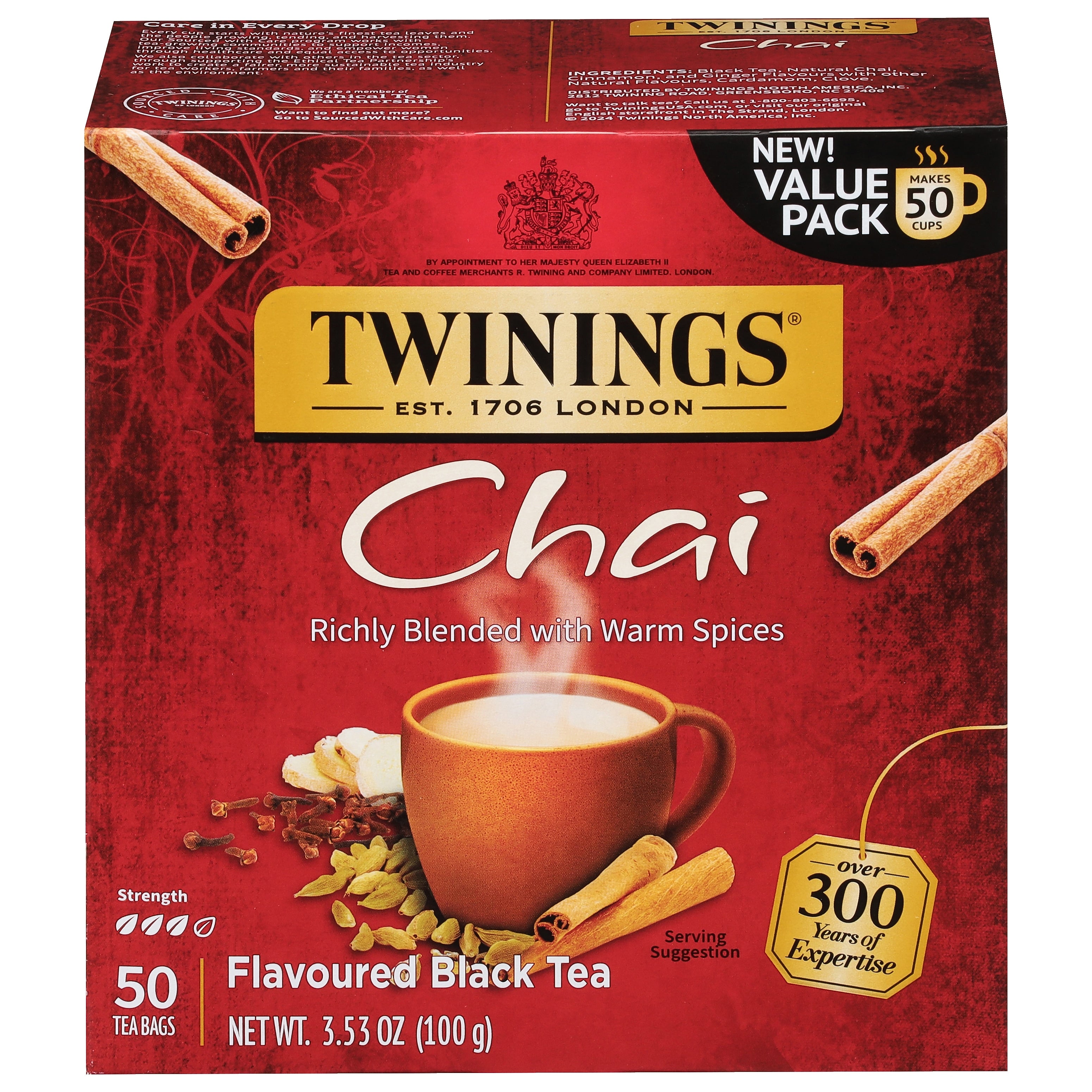 Twinings Chai Black Tea Bags, 3.53 oz., 50/Box (TNA55503)