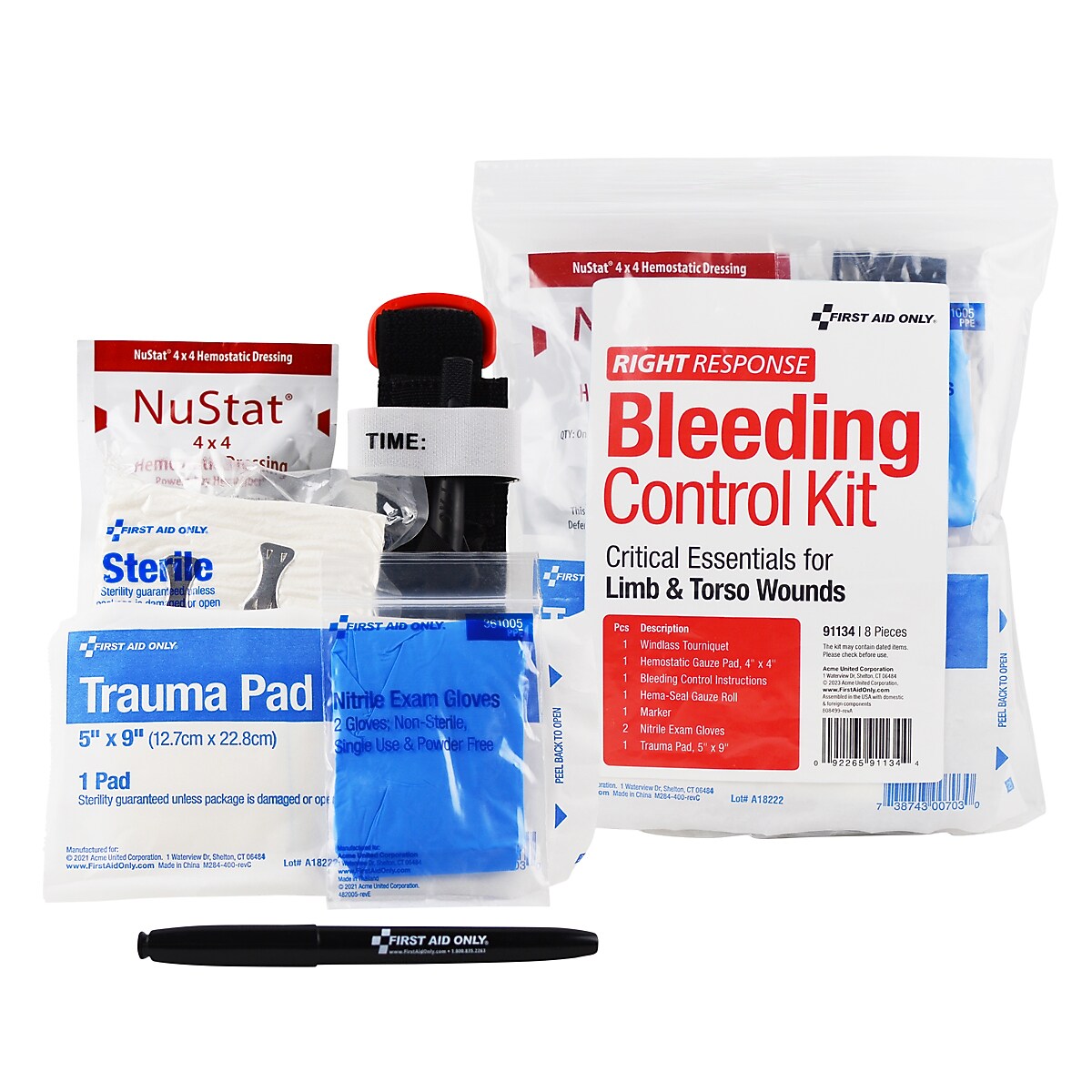 First Aid Only Right Response Bleeding Control Kit Critical Essentials Plastic Bag, Limb & Torso Wounds, 8 Pieces (91134)