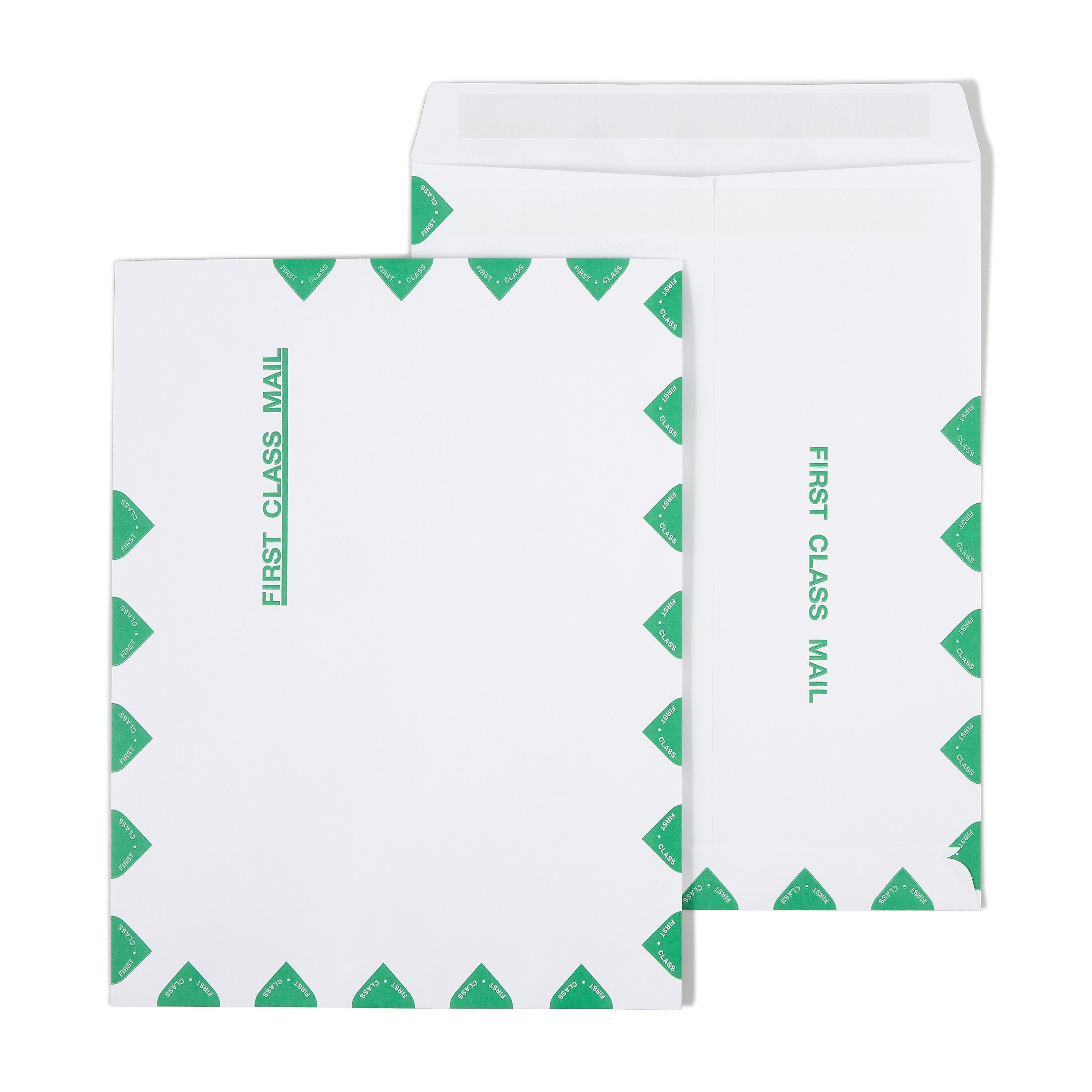 Staples First Class Self Seal #13 Envelope, 10" x 13", White with green diamond border, 100/Box (ST195032-CC)